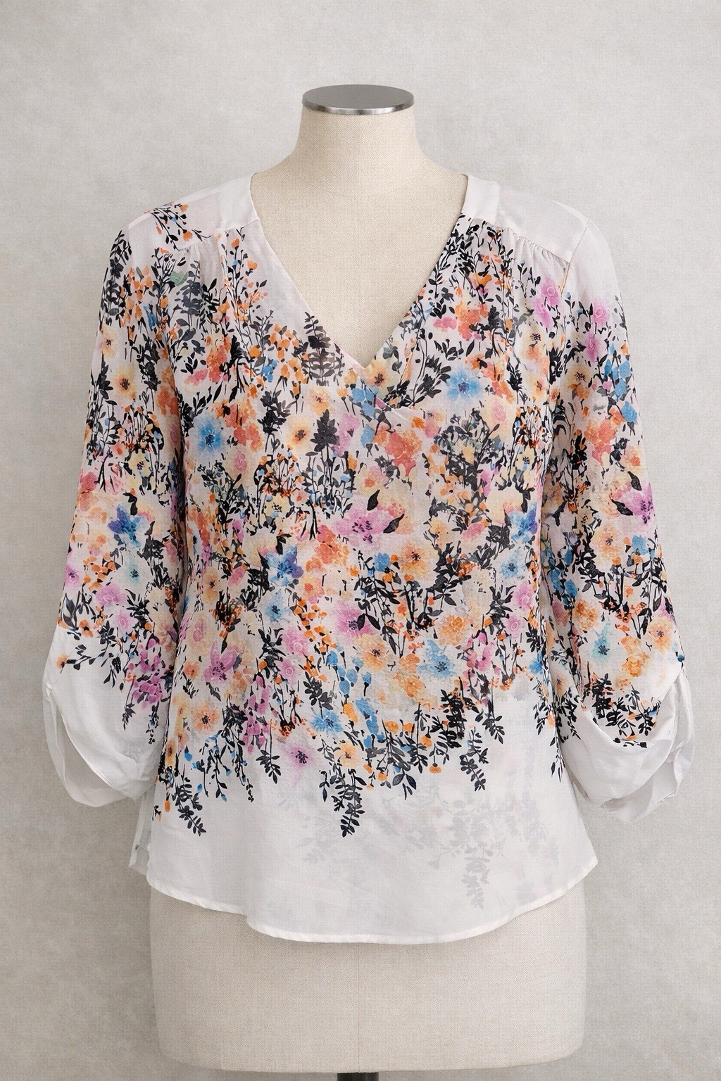Alice Blue Zinnia V Neck Floral Blouse Watercolor Print Semi Sheer NWT Sz L