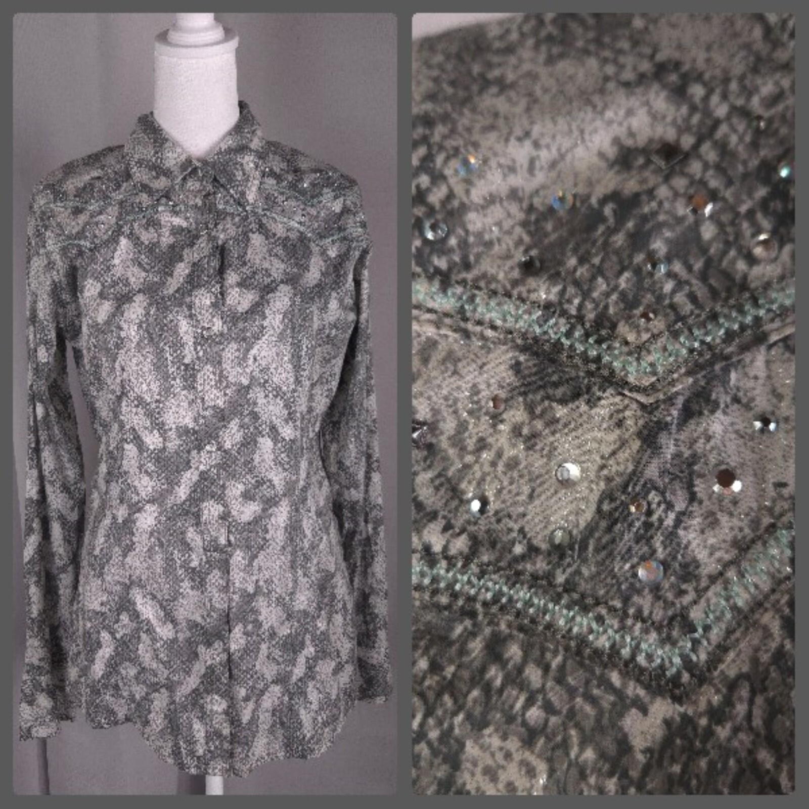 Rock 47 Shirt Womens M Gray Metallic Snake Print Studded Sequin Western Glam