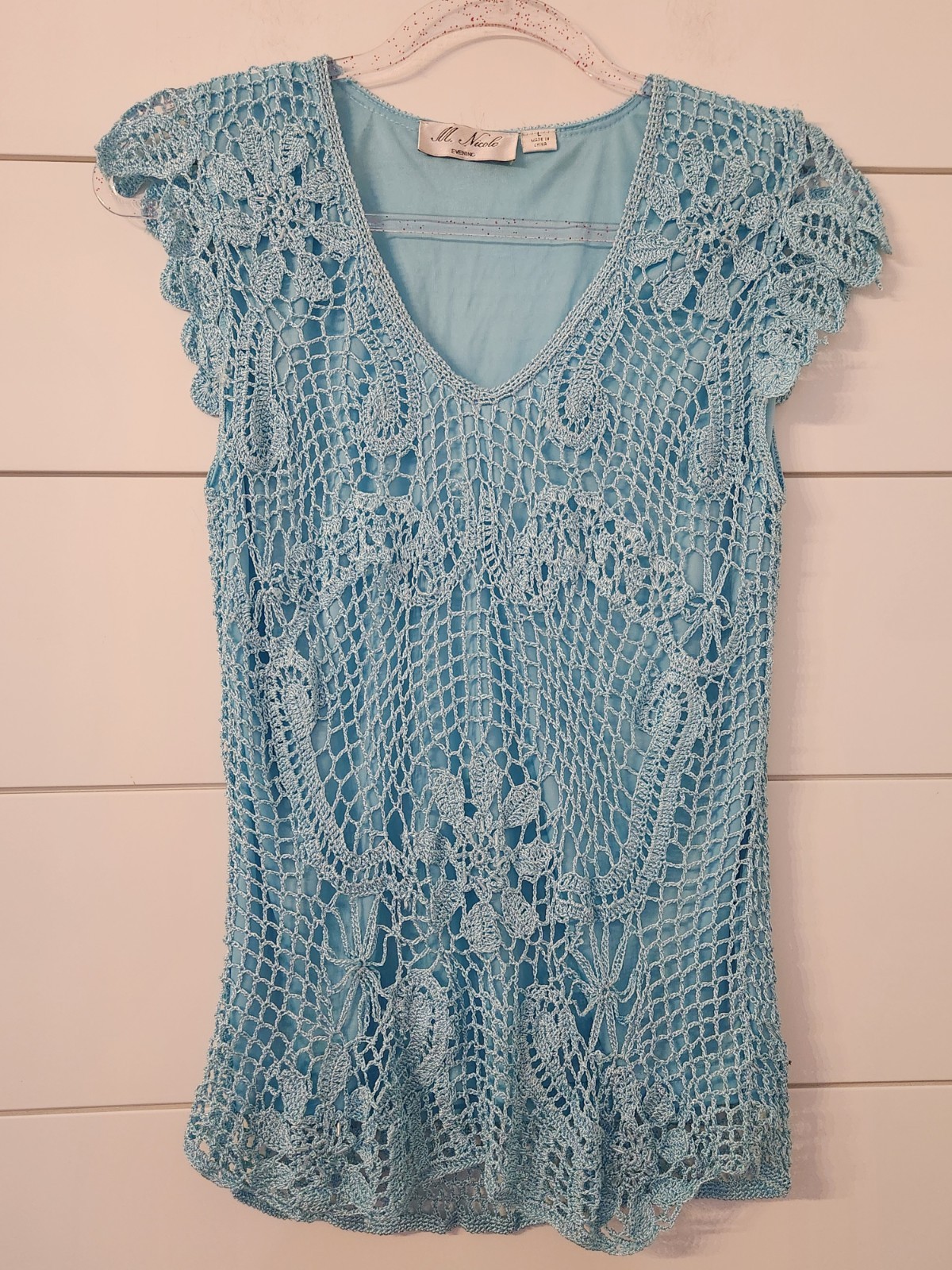 Vtg M. Nicole Evening Crochet Summer Top Blouse Light Blue Sparkle Fairy LARGE