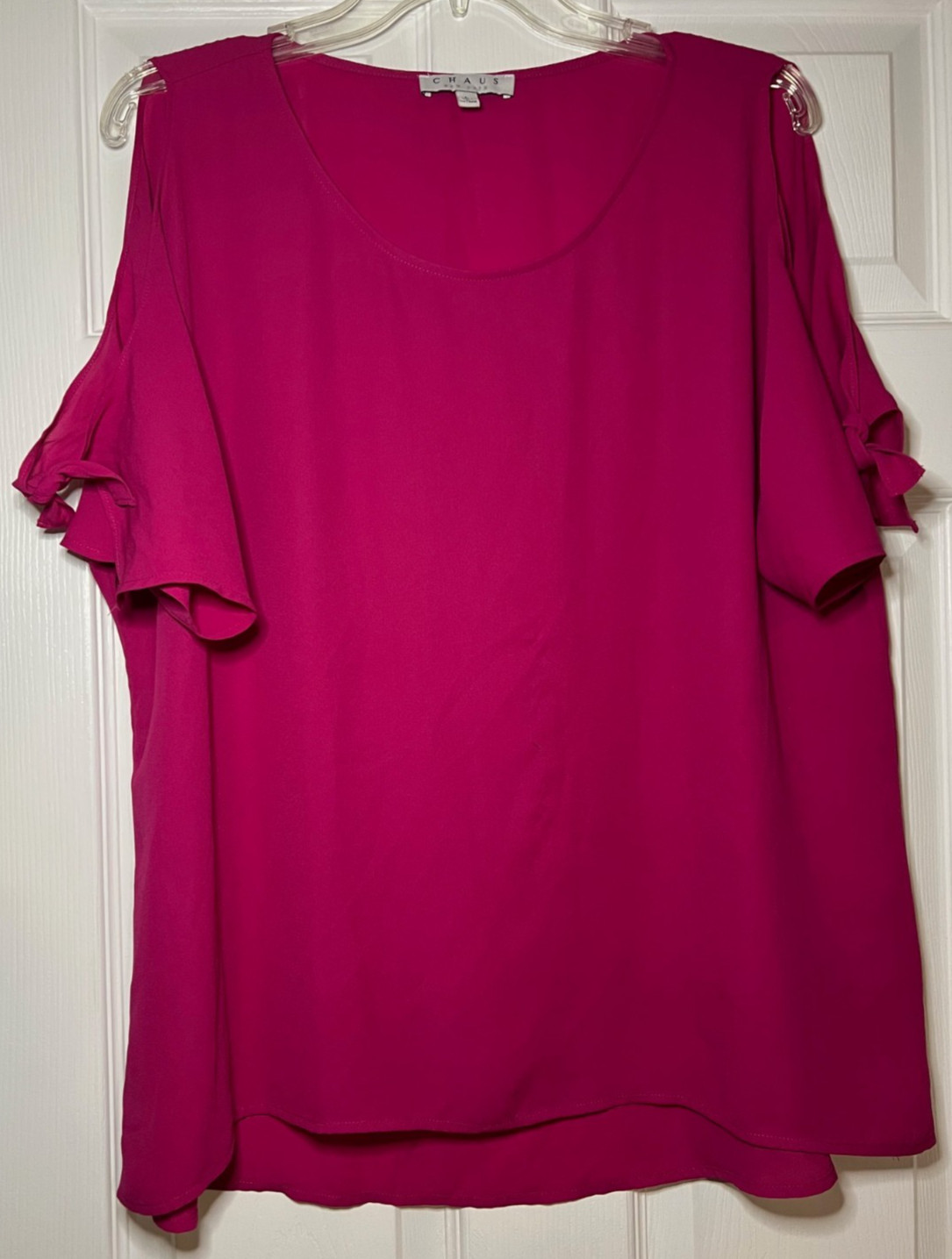 Chaus New York Pink Blouse Womens Large Cold Shoulder Hi Low Semi Sheer