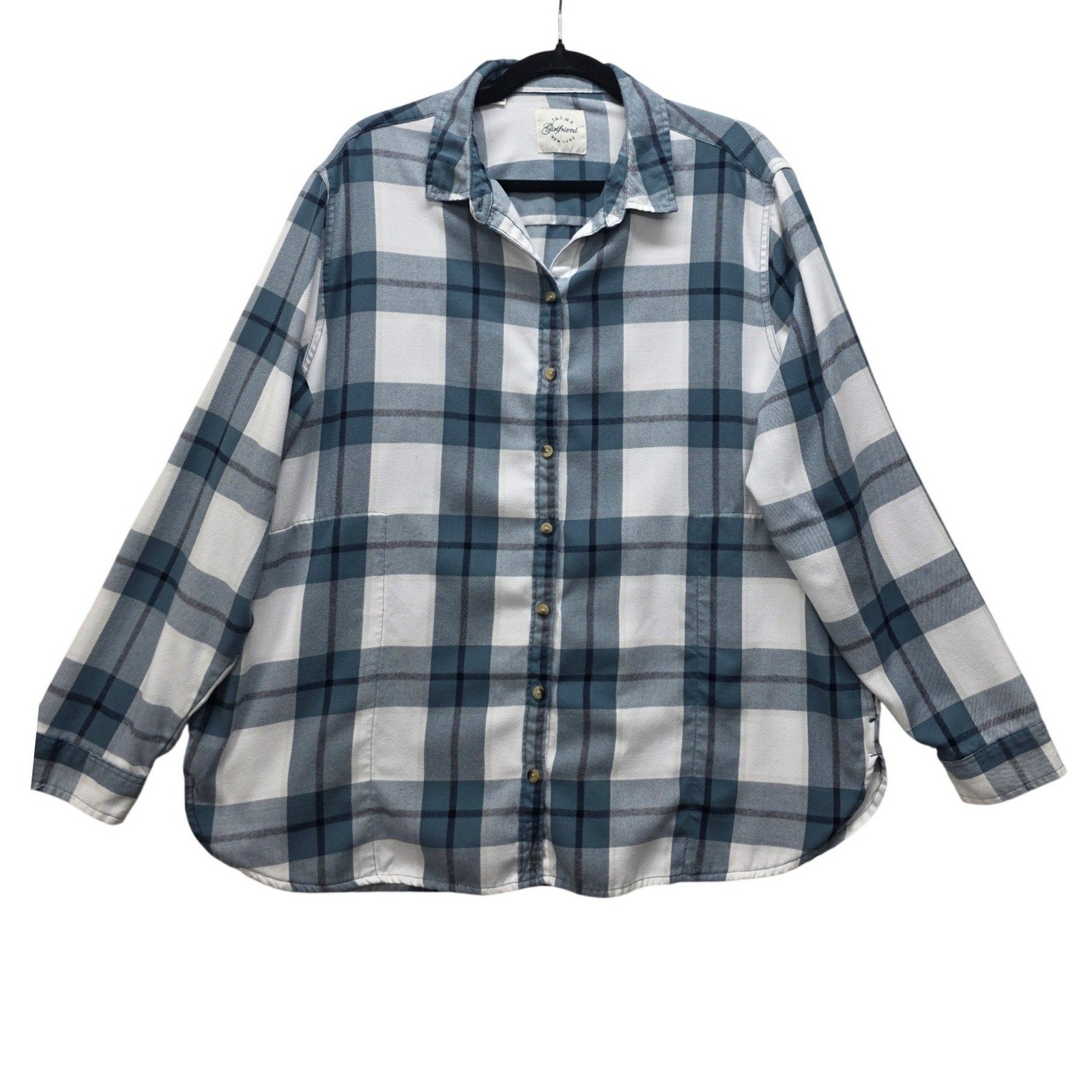 Jachs Girlfriend Womens XXL Blue White Plaid Button Down Shirt Side Pockets