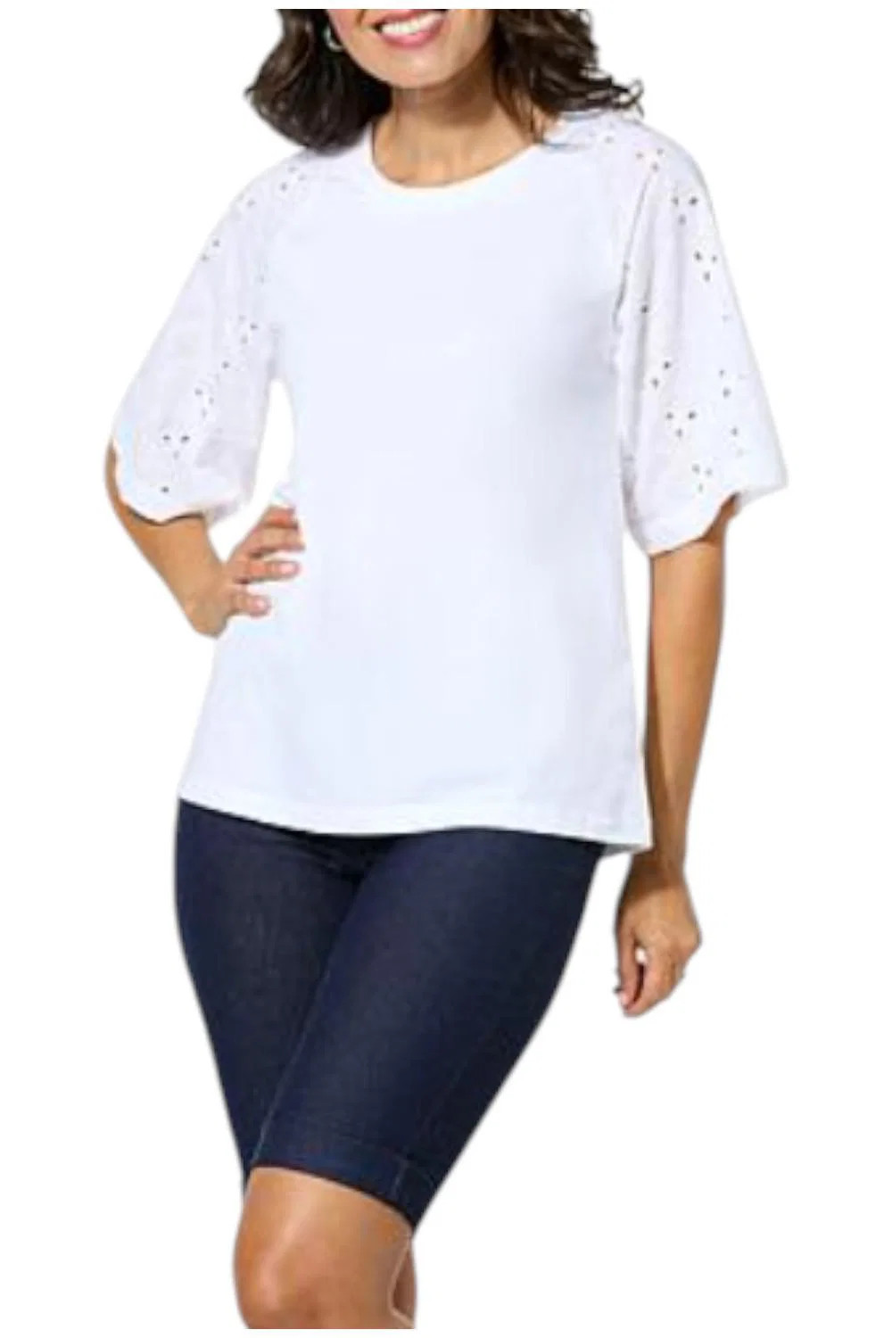 HUE Women’s Cotton Knit Eyelet Raglan Sleeve Tee White