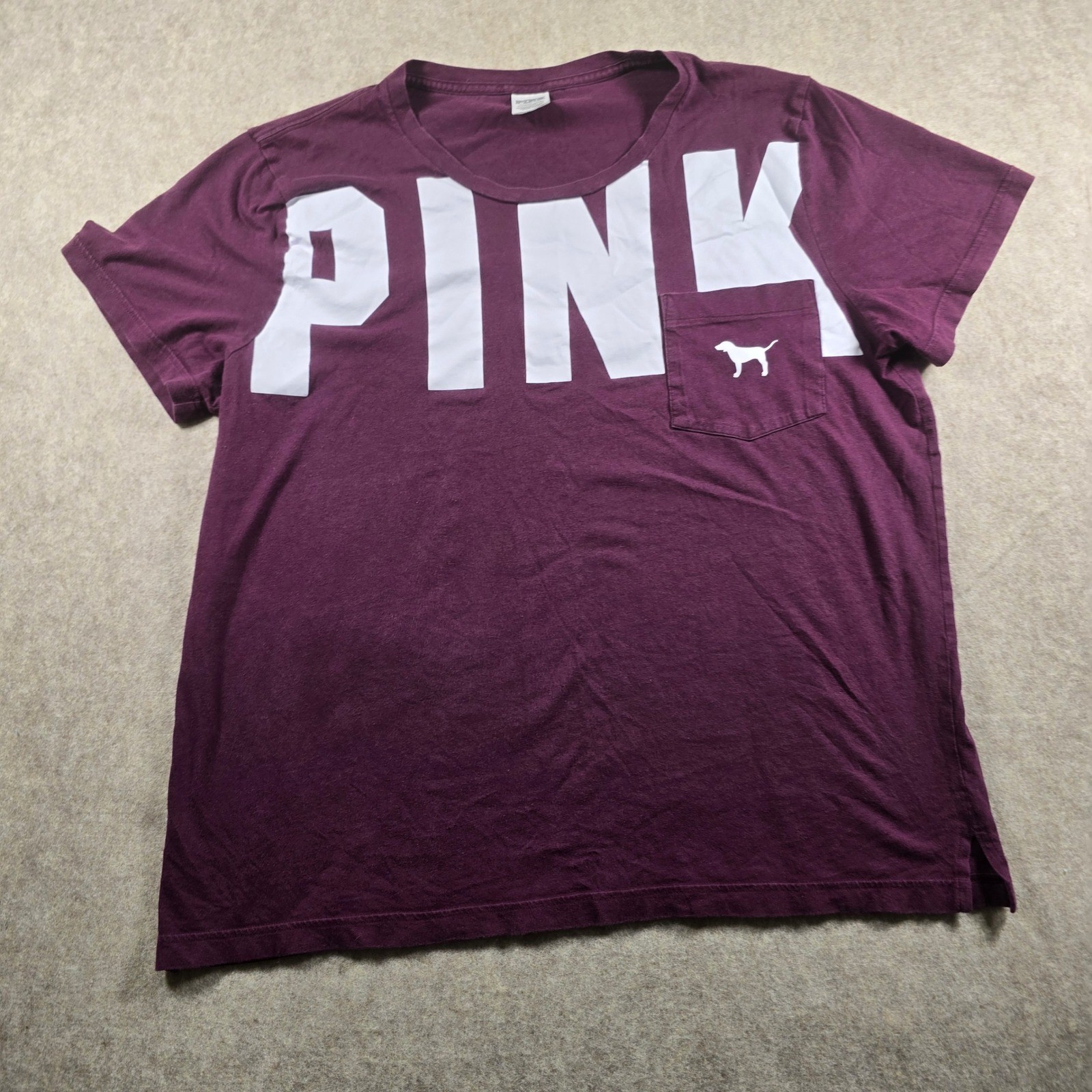 Victorias Secret PINK T-Shirt Womens XL Maroon Burgundy Pocket Logo Graphic Tee