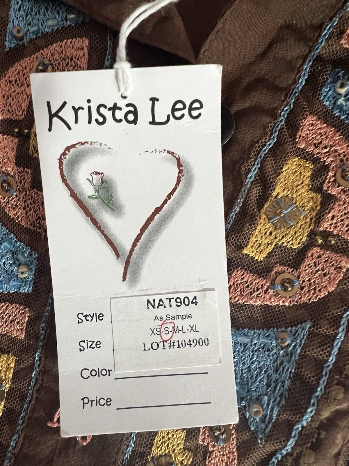 Krista Lee Brown Embroidered Long Sleeve Tunic Top Boho Size S NWT