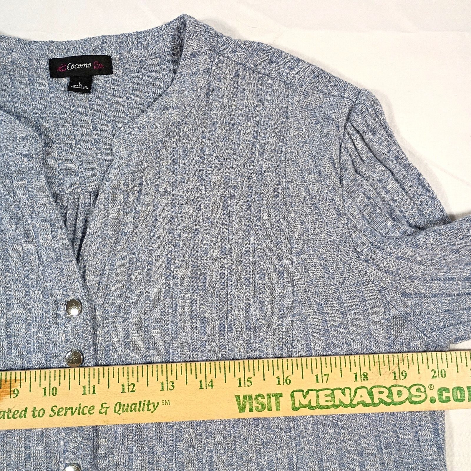 Cocomo Blue and Silver V Neck Swing Sweater Ribbed Button Up Roll Tab Sleeve L