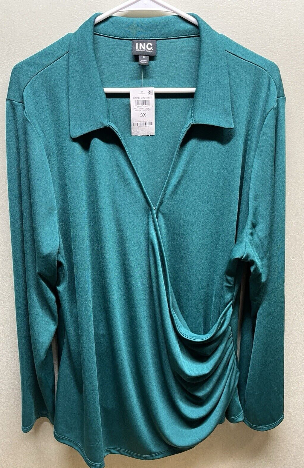 INC International Concepts blouse womens size 3X v neck wrap long sleeve green