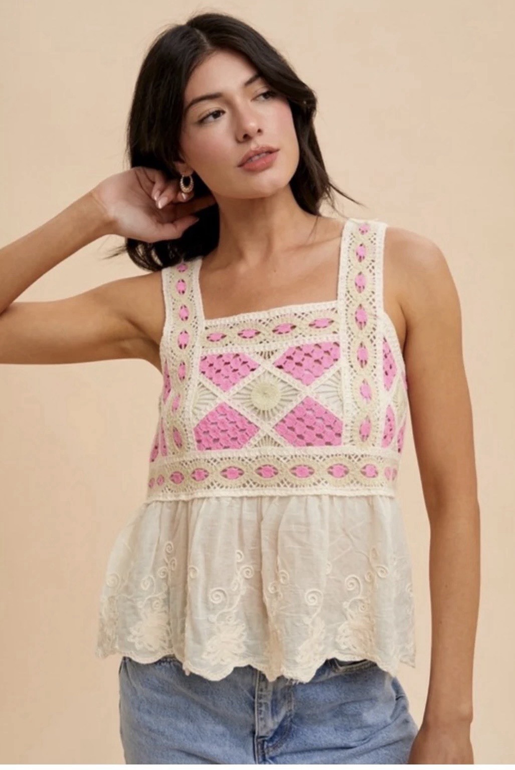 Anniewear Brand NewCrochet Camisole Top – Floral Daisy Pattern with Peplum 429
