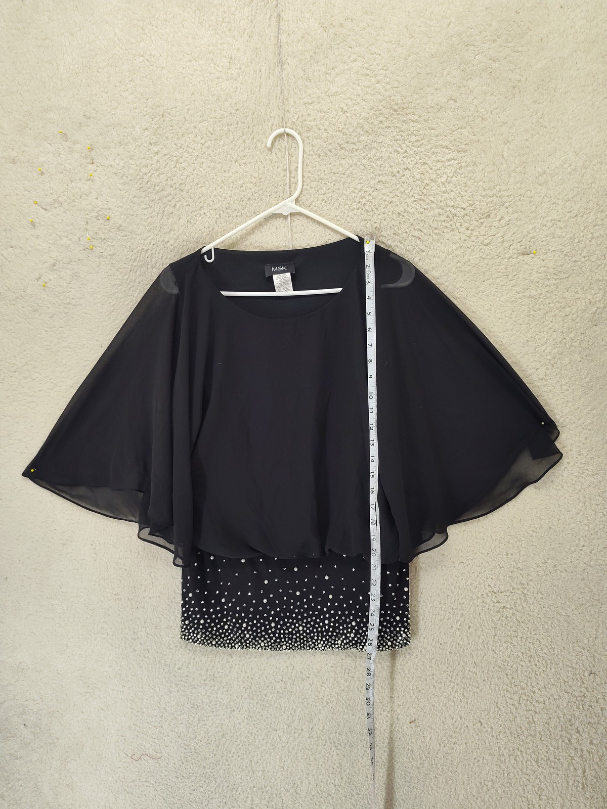 MSK Blouse Womens Medium Black Chiffon Cape Sleeve Embellished Party Top Elegant