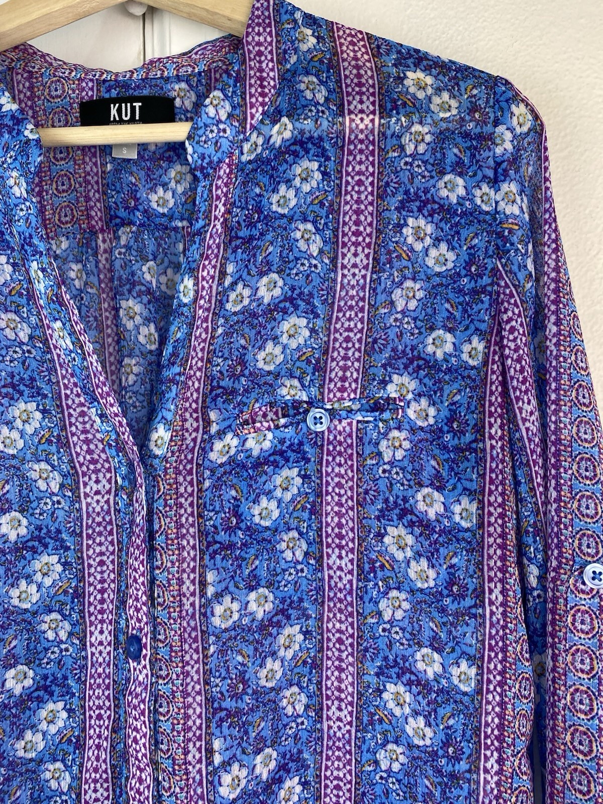 KUT from the Kloth Womens S Blue Purple Sheer Striped Floral Button Up Tunic Top