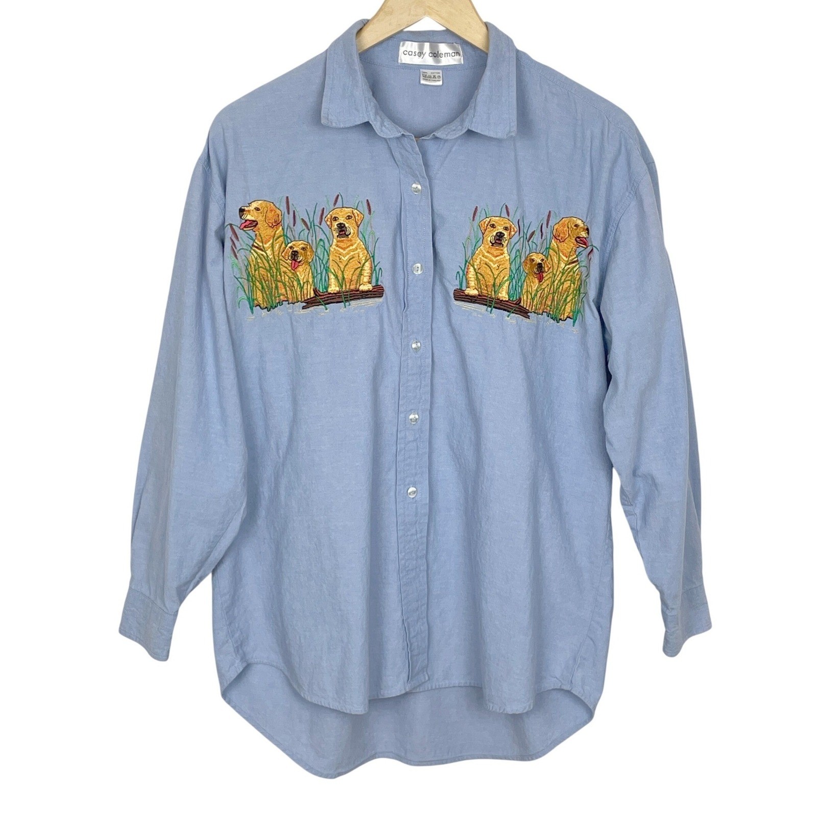 Vintage Embroidered Golden Retriever Lab Shirt Women XL Button Down Dog Chambray