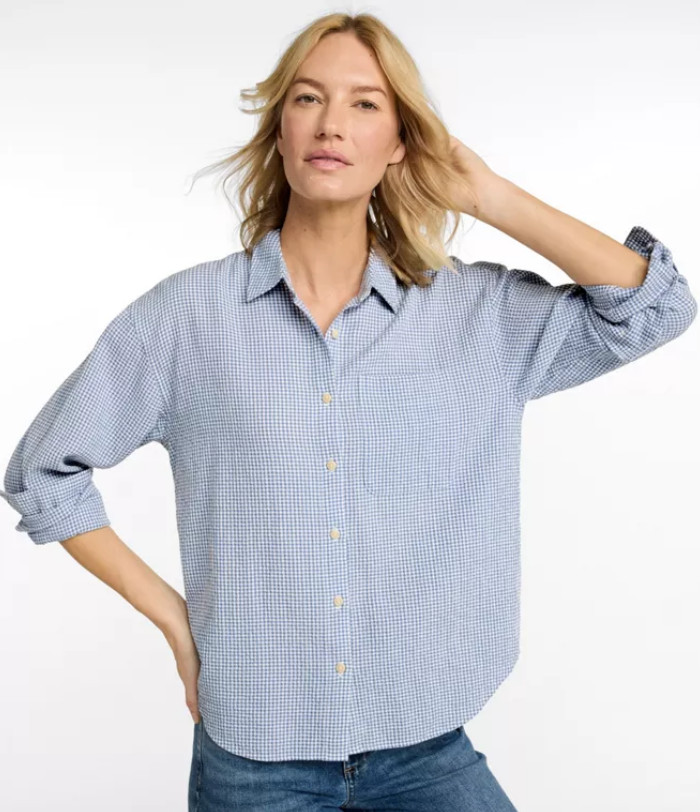 L.L.BEAN Women’s Sunwashed Textured Big Shirt – Deep Lake Check