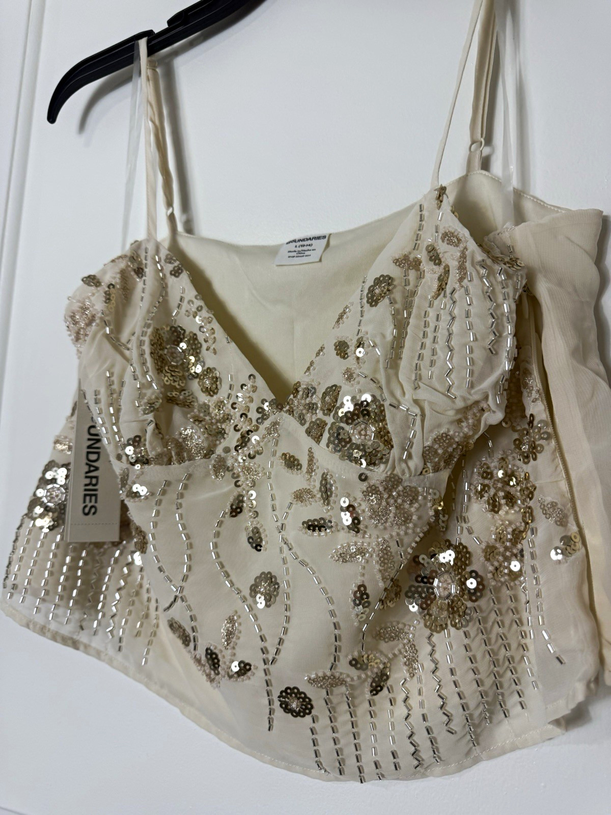 No Boundaries Beige Mesh Sequin Beaded Floral V-Neck Cami Tank Top L