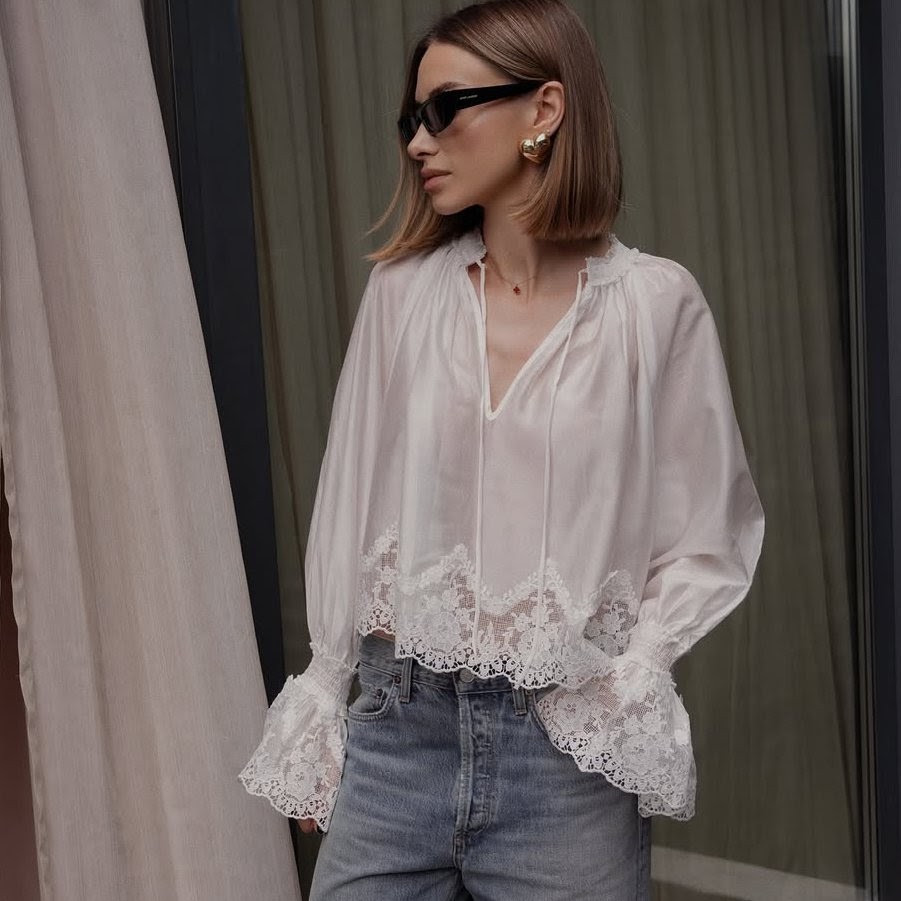 BNWT H&M Lyocell Blend Lace-Trimmed Blouse 1342435001 White Sizes XS, S, M, L