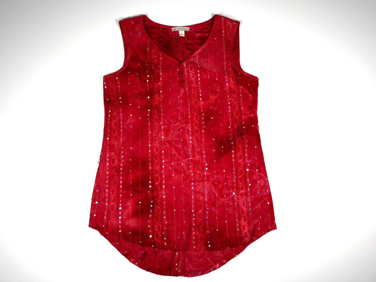 DressBarn Tank Top Women S Red Sequin Acid Wash Sleeveless Hi Low Casual Boho