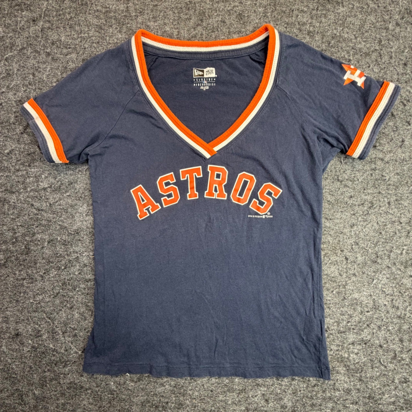 New Era Houston Astros V-Neck T-Shirt Womens XS Navy Blue Ringer MLB Baseball