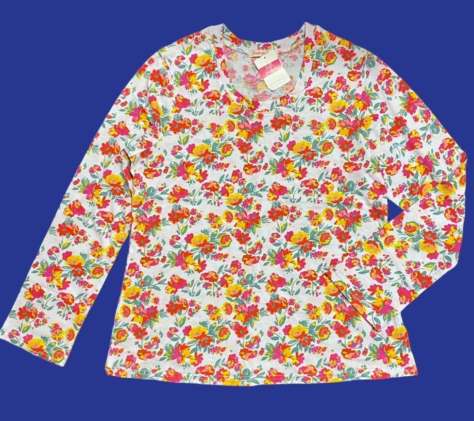 FRESH PRODUCE XL White PINK Garden Blooms Tropical $49 Scoop LS Tee Top NWT New
