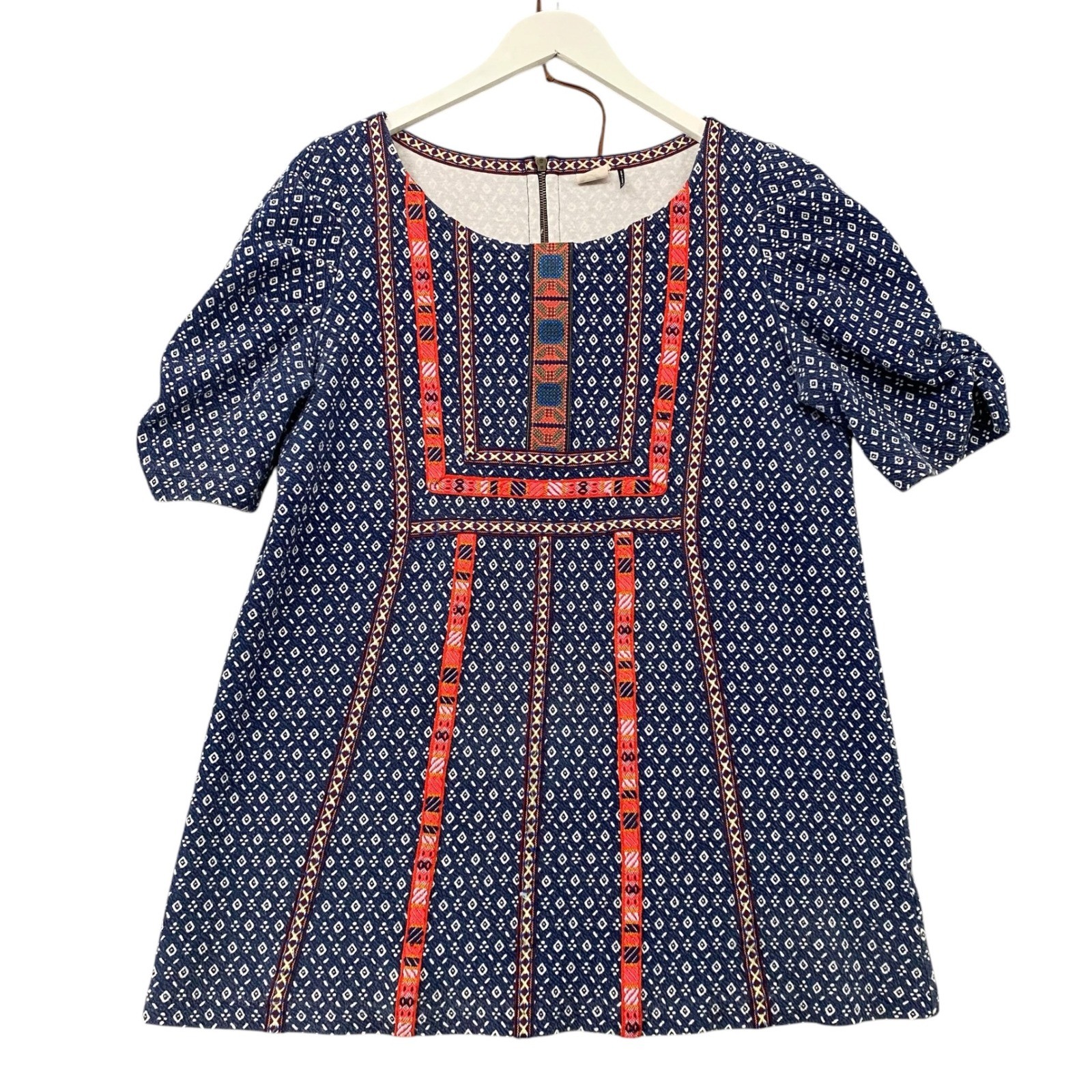 Akemi + Kin Anthropologie Blue Geometric Embroidered Bib Tunic Top Large