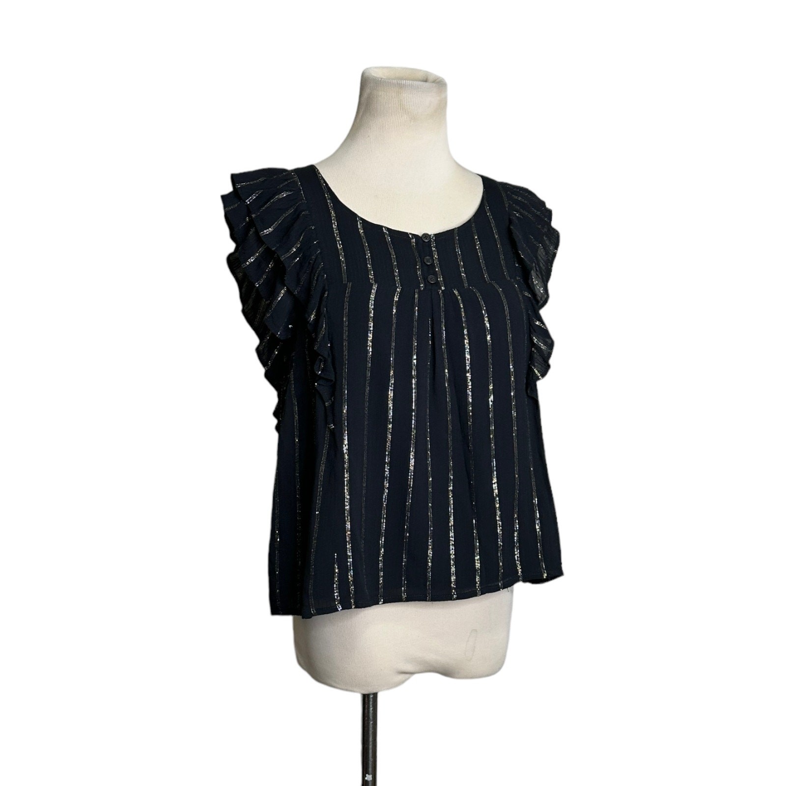 BB Dakota black silver stripes ruffled short sleeves blouse size Small