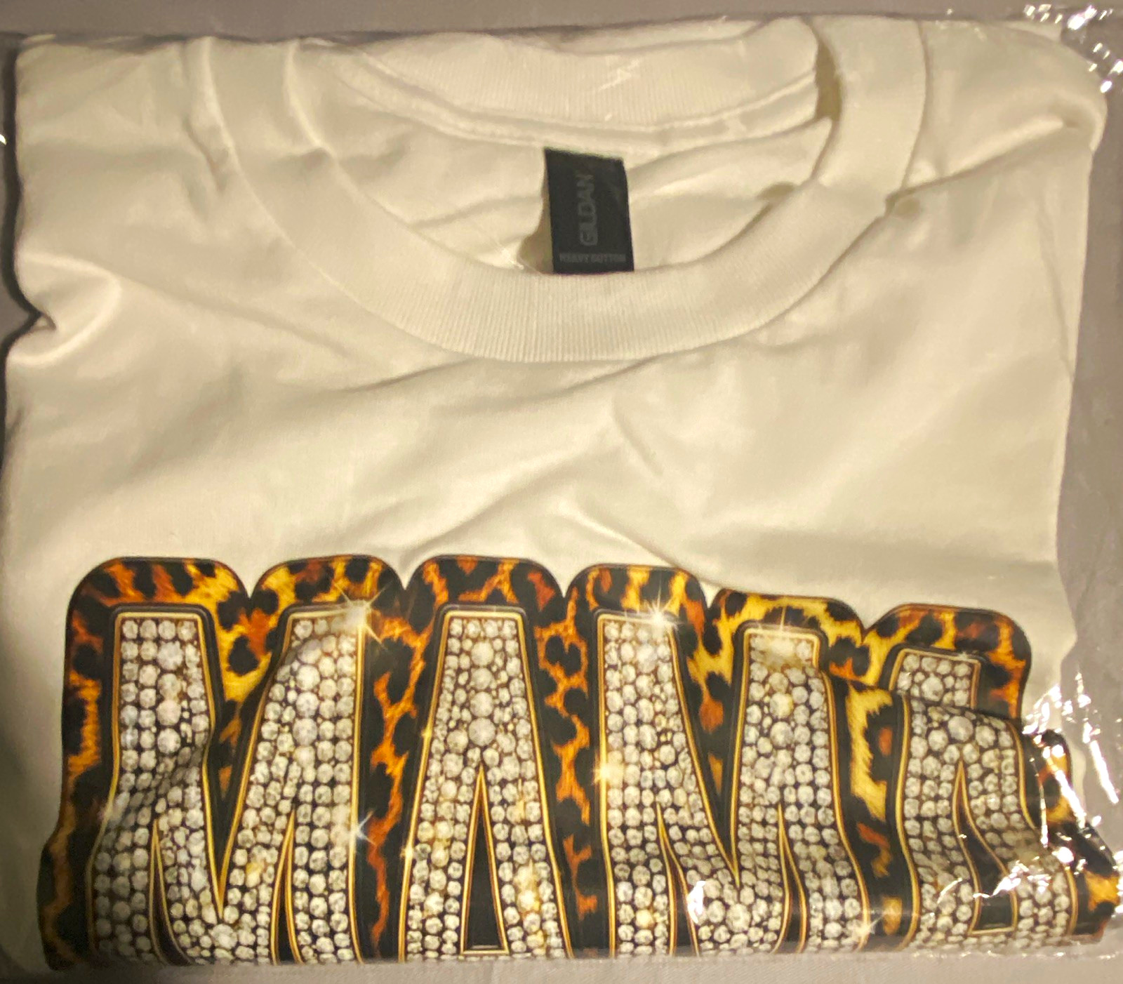 Gildan White Mama Leopard Bow Rhinestone Crew Neck T-Shirt L