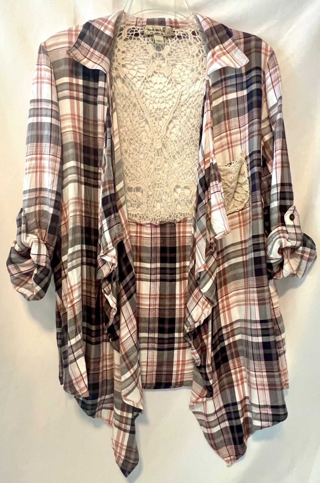 One World Plaid Lace Kimono Style Shirt Button Up Sleeves Size Large
