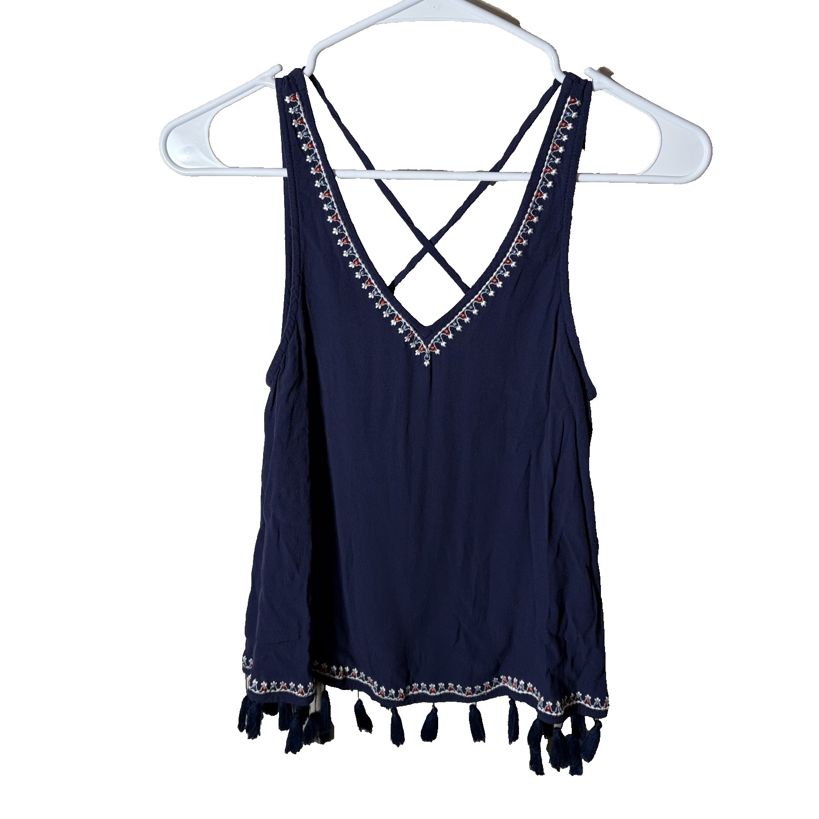 Sugar Lips Tank Top Women’s XS Navy Blue Tassel V-Neck Boho Casual Shirt