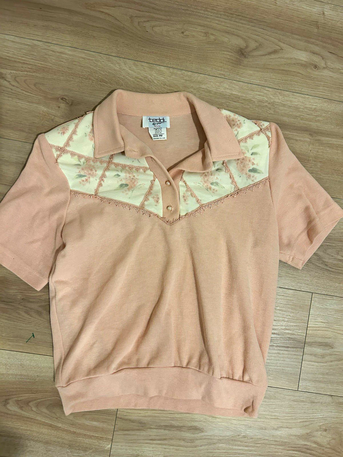 teddy Pink Floral Knit Polo Top Collared Button Short Sleeve Women Petite PM