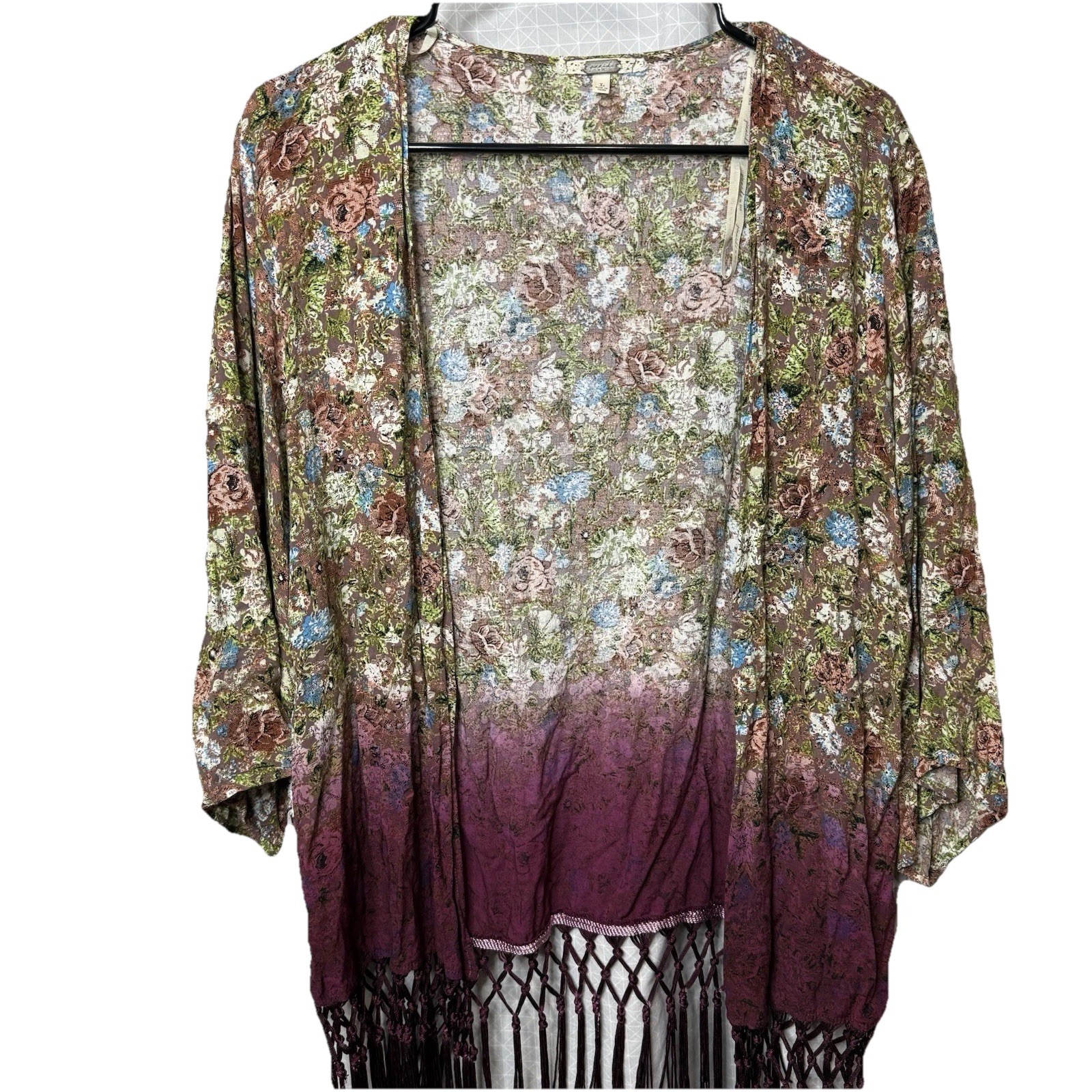 GIMMICKS by BKE Women’s Size L Floral Cardigan W/Fringe Maroon Boho/Y2K/Festival