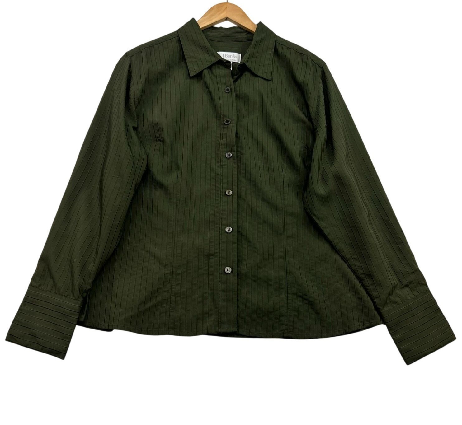 C.J. Banks Womens Pinstriped Textured Button Up Shirt Blouse Size 1X Green