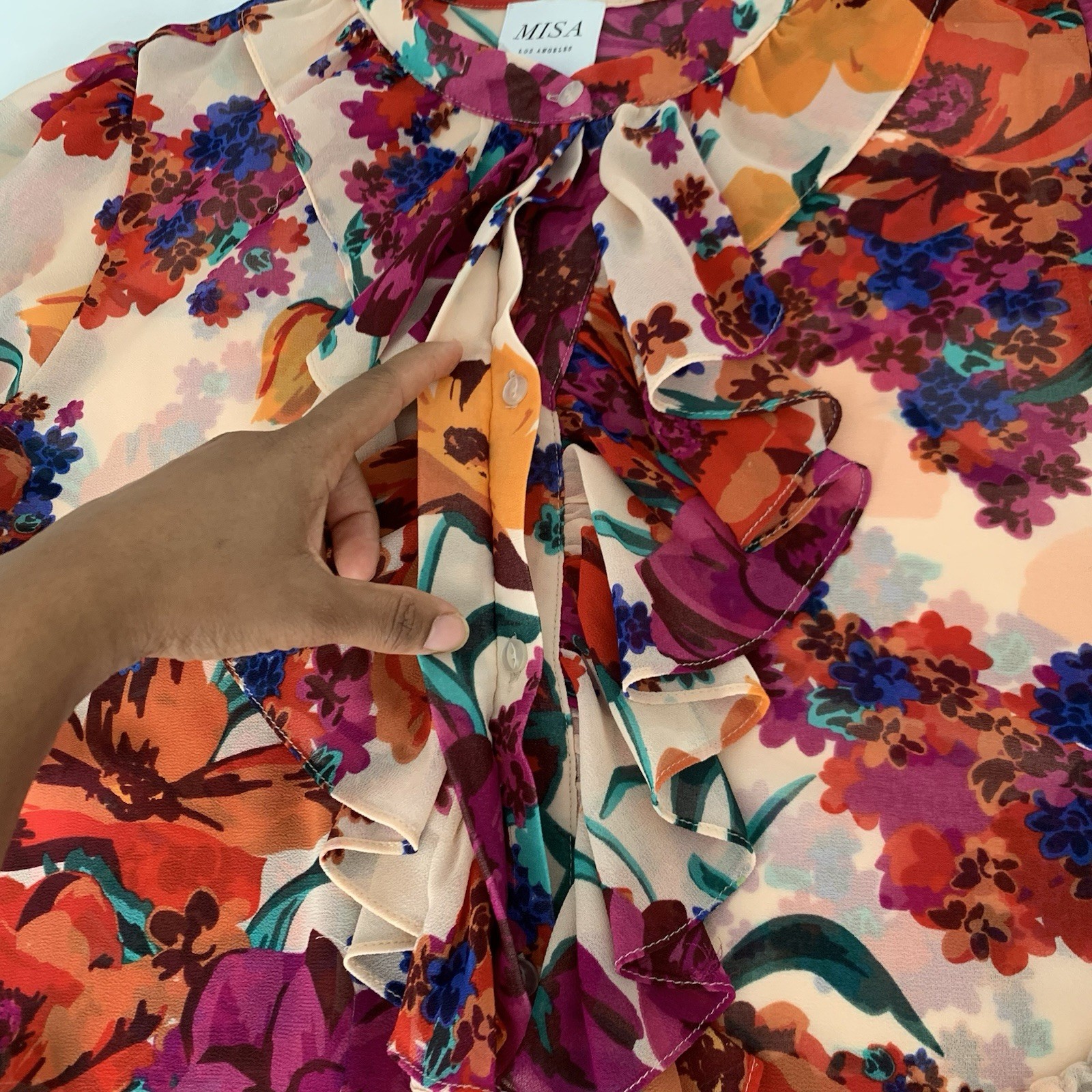 MISA Los Angeles Blouse L Button Sheer Nude Purple Floral Colorful Feminine Chic