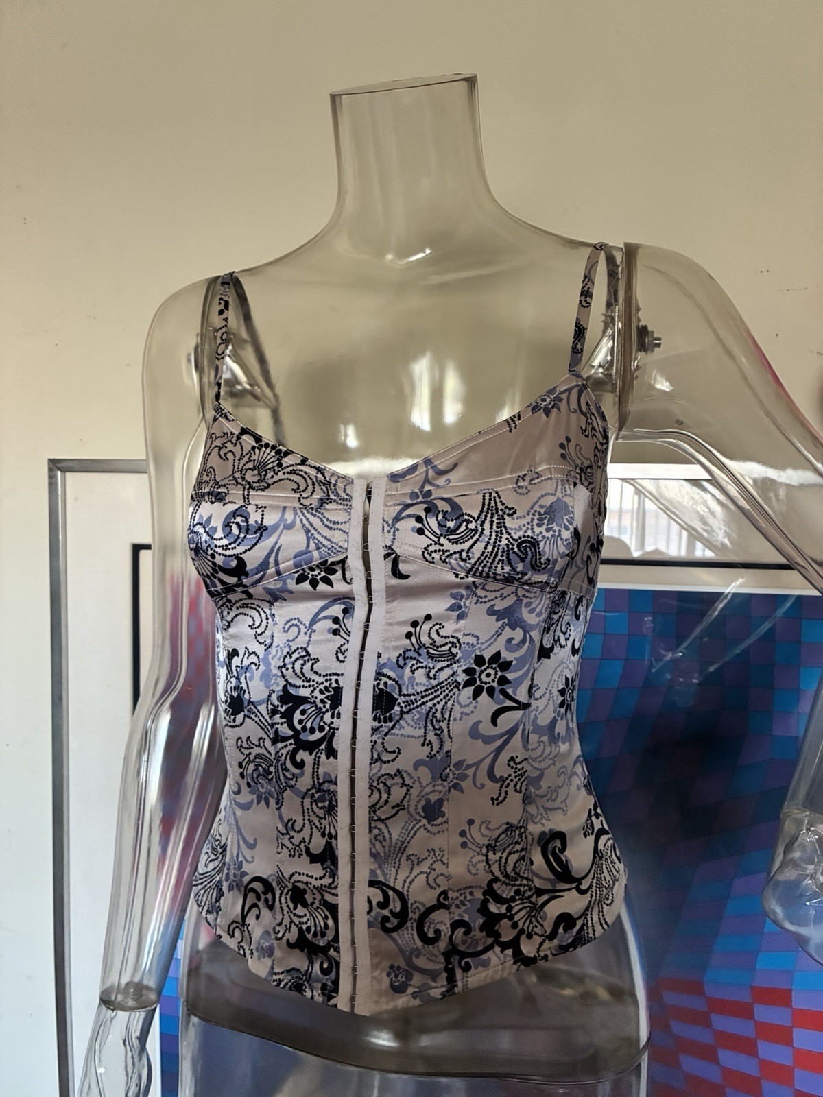 Bebe 100% Silk Corset Cami Top Floral Baroque Print Y2K Bustier Size S