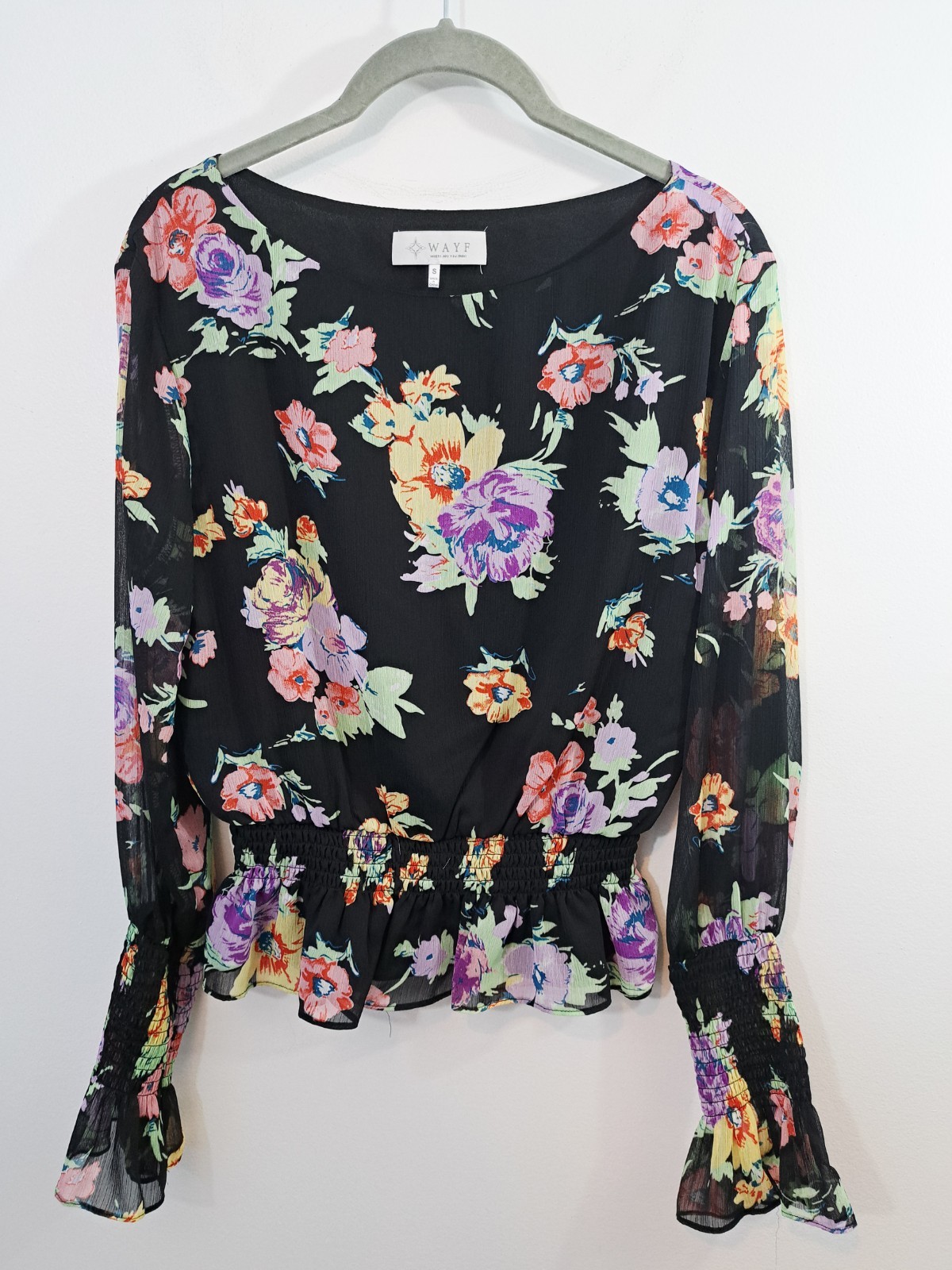 WAYF Black colorful Floral Partially Lined Smocked Cuff Peplum Blouse Size Small