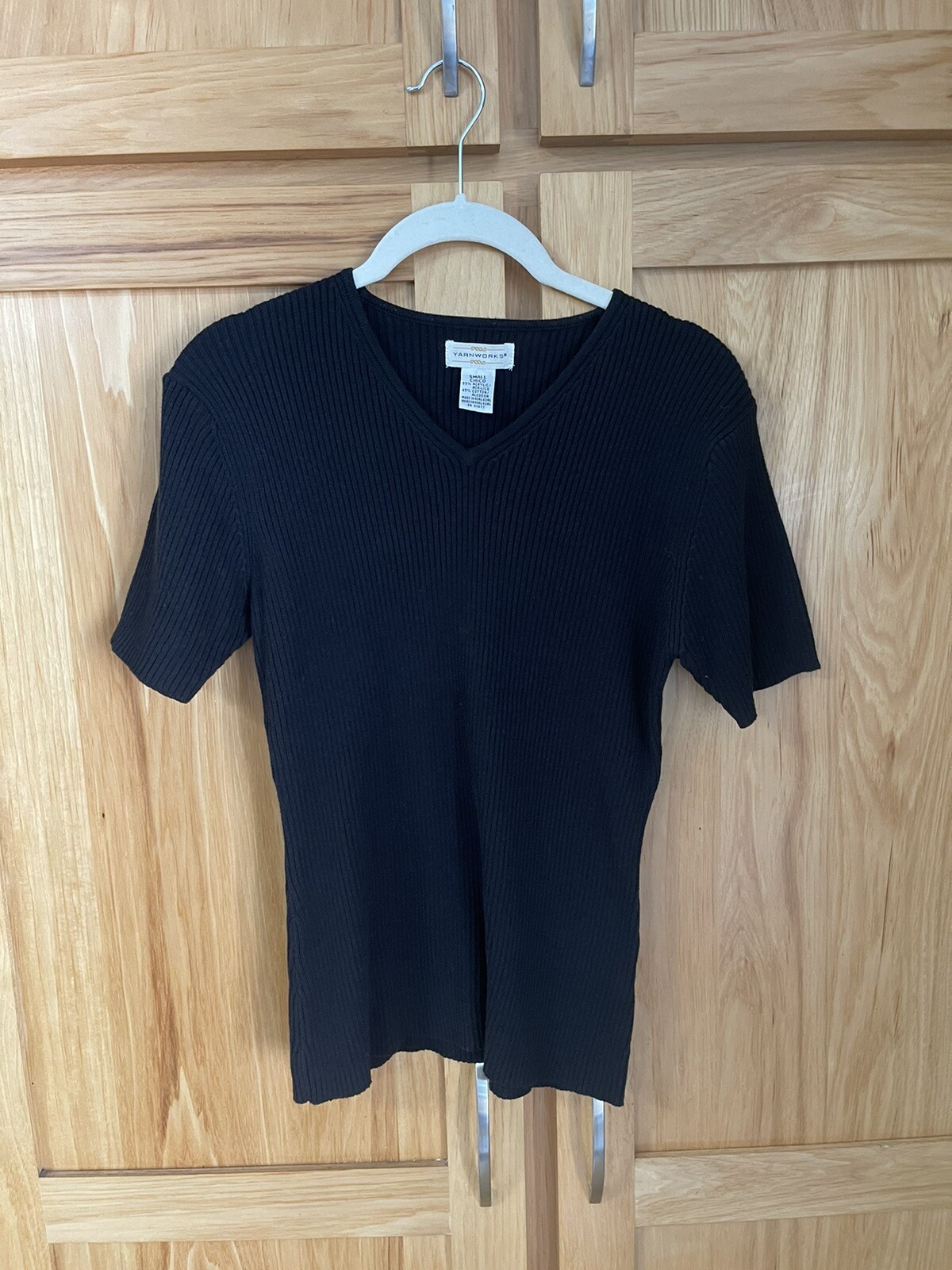 Yarnworks Black Acrylic/cotton V Neck Short Sleeve Sweater Top Shirt Women’s Sm