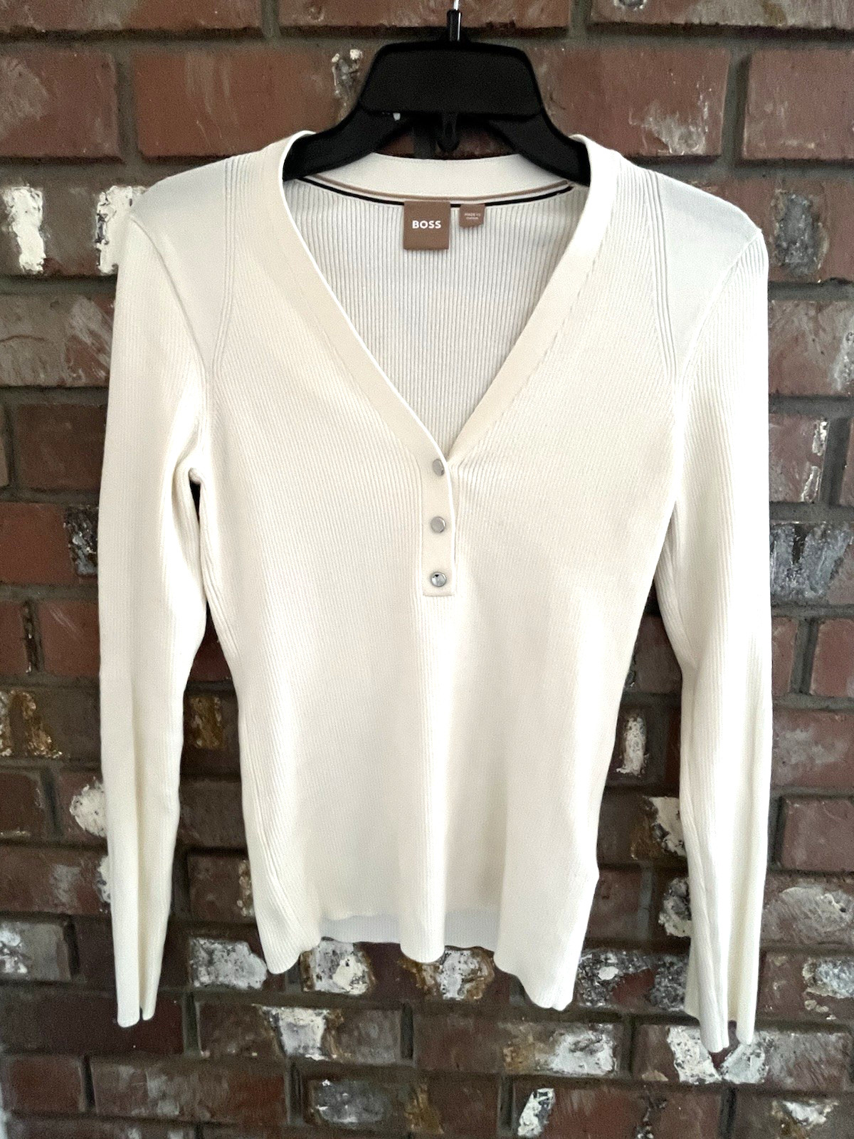 NEW Hugo Boss Wool Blend Ivory V-neck Henley Ribbed Long Sleeve Top NWOT $220