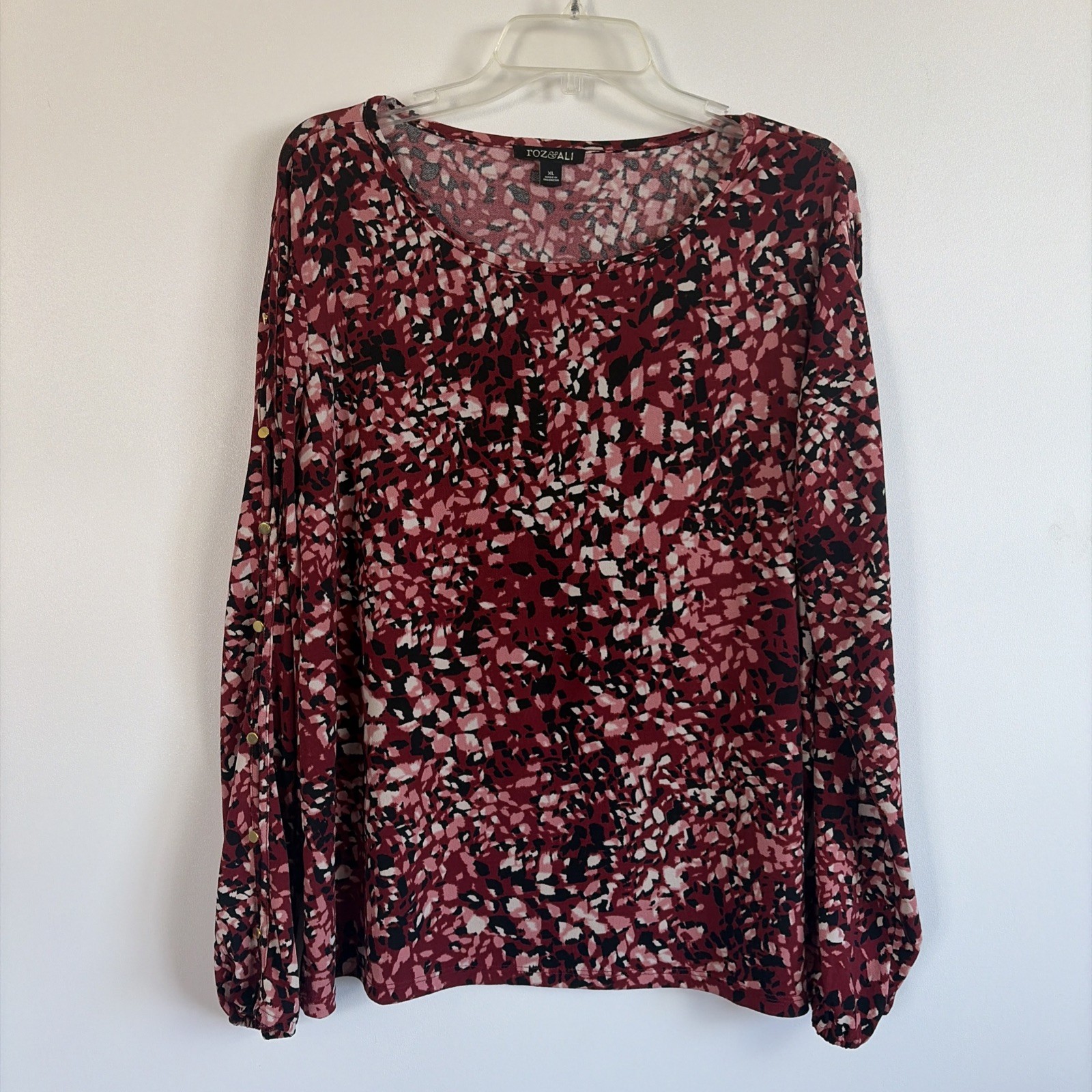 Roz & Ali Womens Red Print Blouse With Split Sleeves Size XL Classic City Hippie