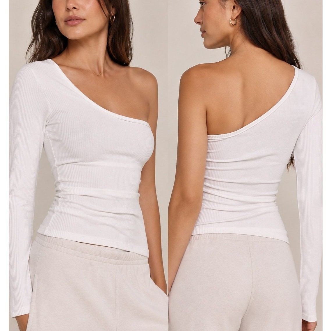 JOAH BROWN White One Shoulder Long Sleeve Fitted Top S/M EUC