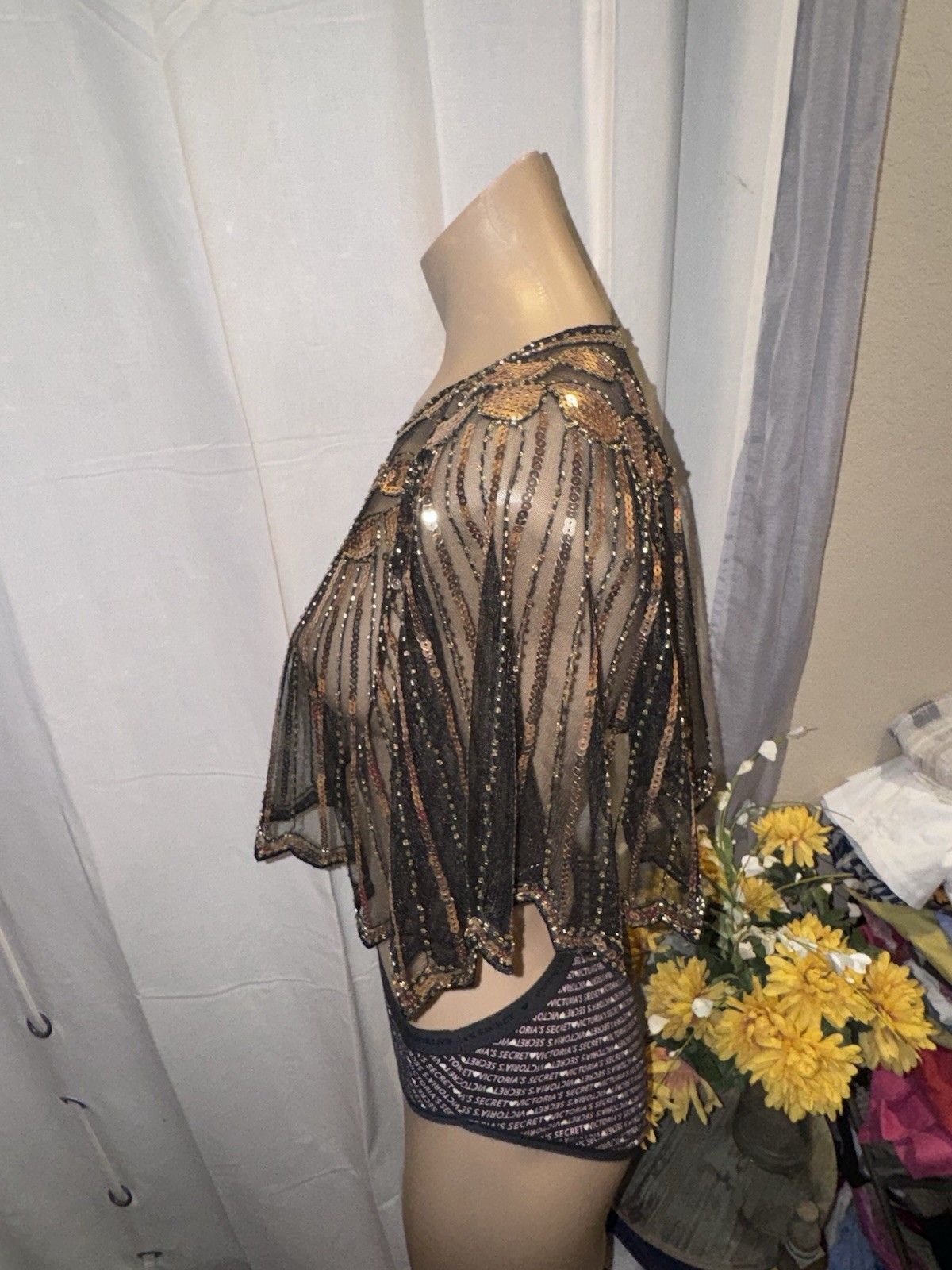 Black w/Gold Sequin Sheer Poncho Top Topper Size O/S GORGEOUS!!