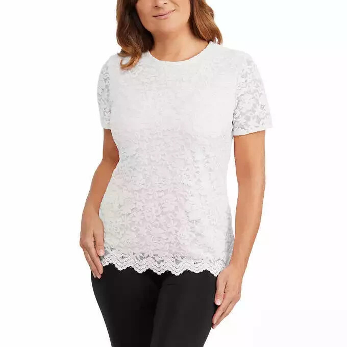 Teddi Rose Women’s Crewneck Short Sleeve Blouse, White, Size L