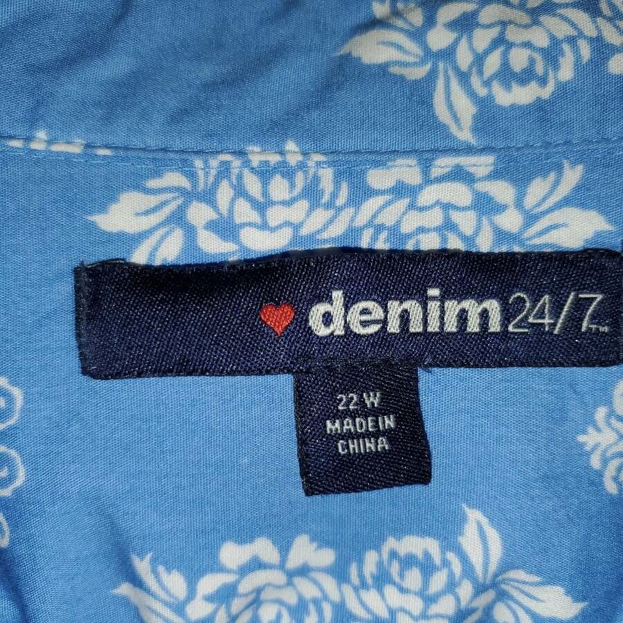 Denim 24/7 Blue Floral Paisley Chambrey Button Down Shirt Size 22 W Top L/S