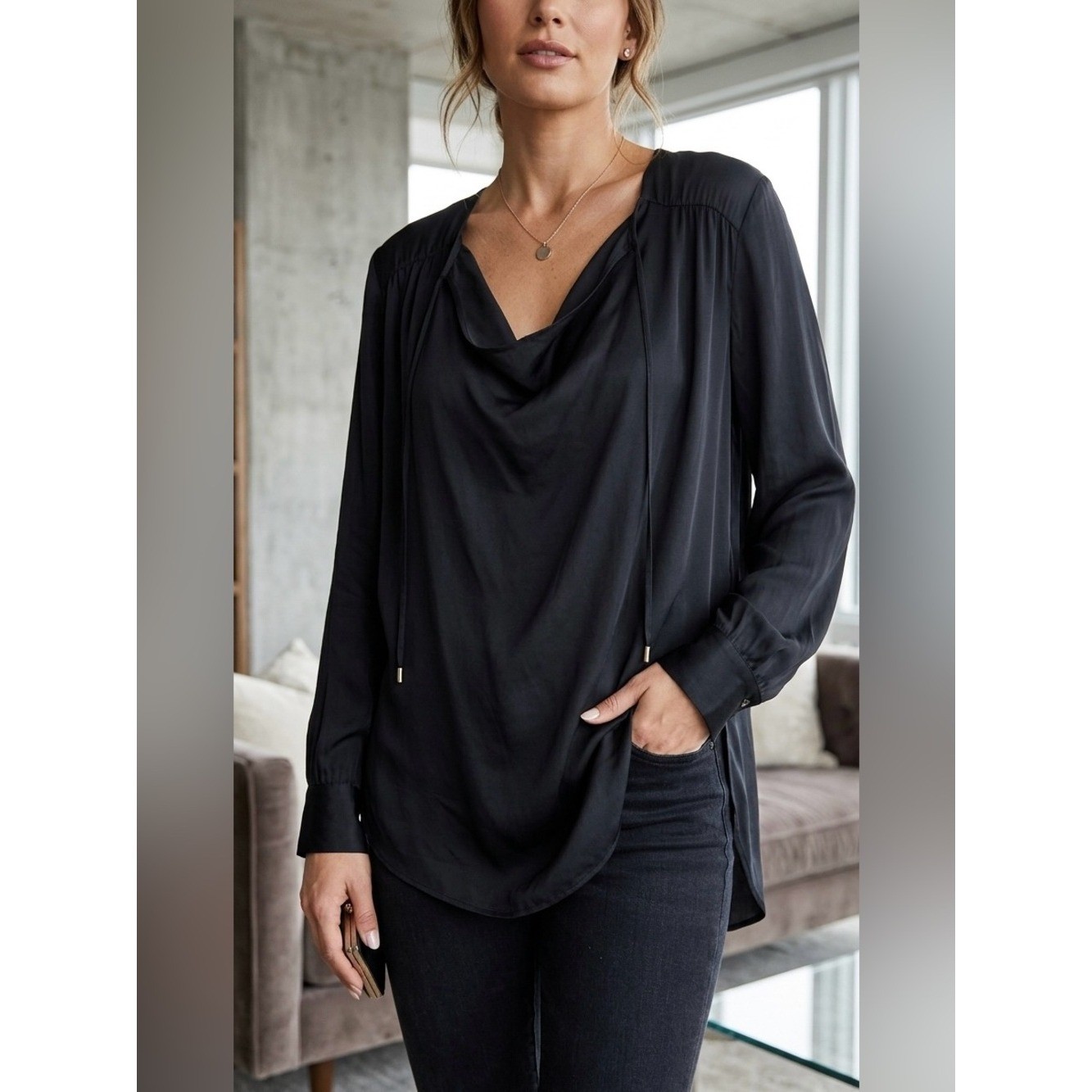 Haute Hippie 100% Silk Cowl Neck Blouse – Long Sleeve Black Tunic Top