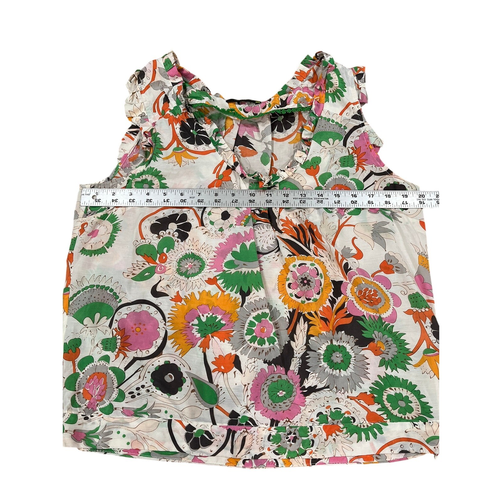 Leifsdottir Floral Psychedelic Ruffle Sleeveless Blouse Multi Color Size 12