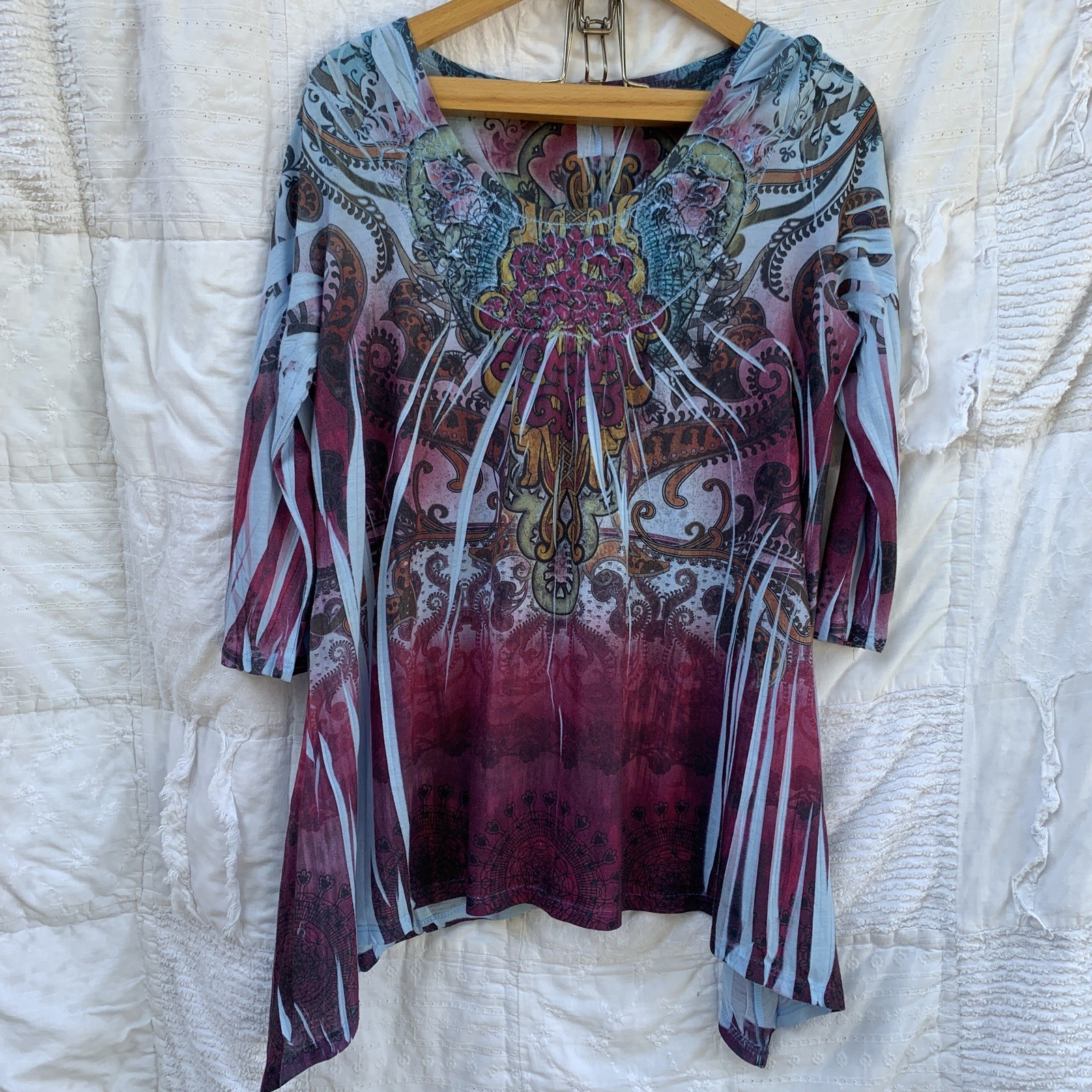 Only Nine Large Boho Y2K Tunic 3/4 Sleeve V Neck Top Butterfly Beach Summer