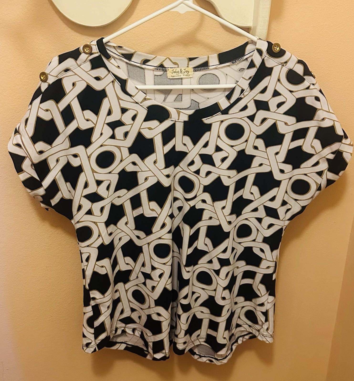 Jolie & Joy Women Black/White/Gold Geometric Round Neck Pullover Top XL