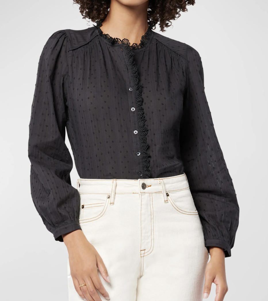 Joie Alain Lace-Trim Swiss Dot Shirt Size S New $178