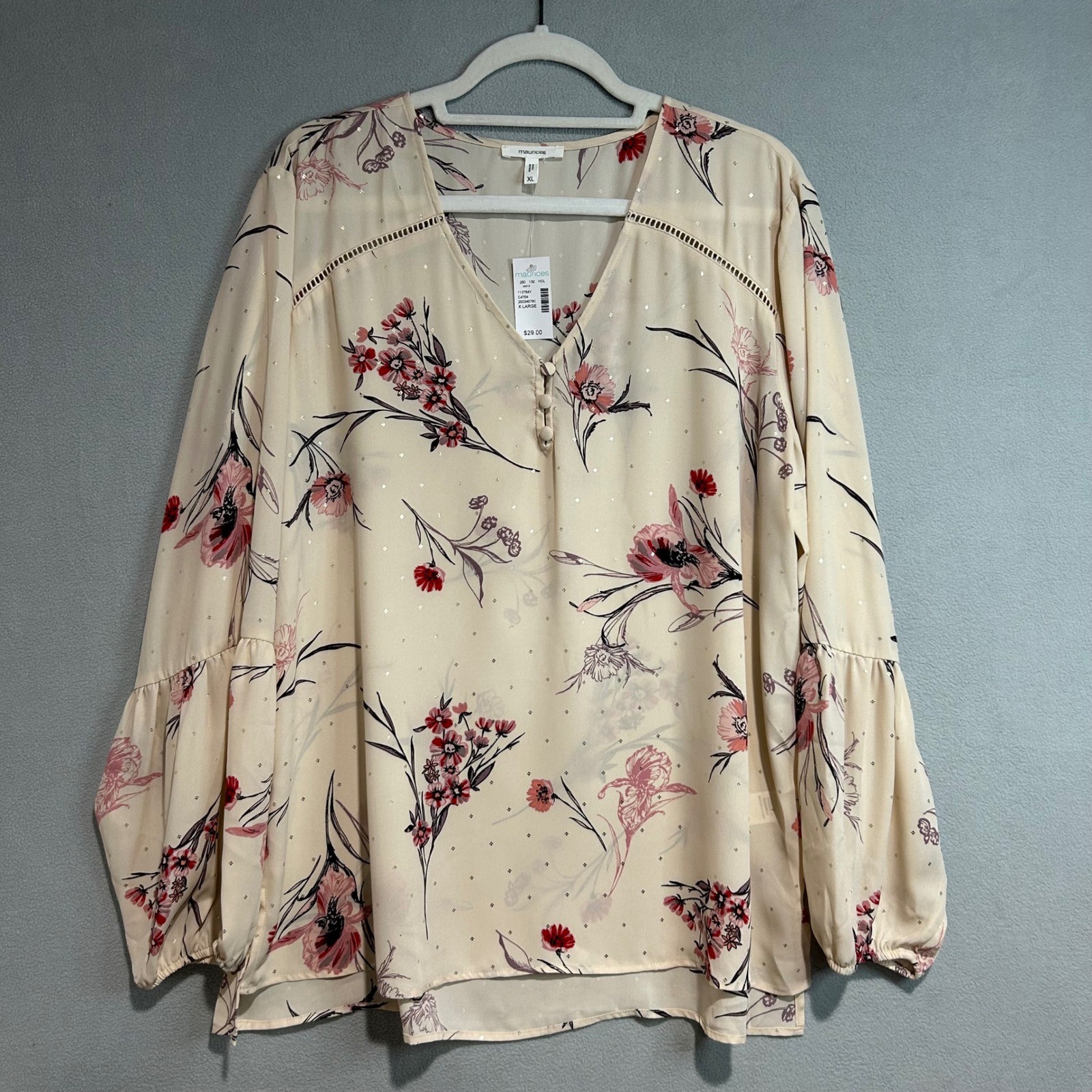 Maurices Floral Blouse Womens XL Cream Pink Balloon Sleeve Boho Peasant Top