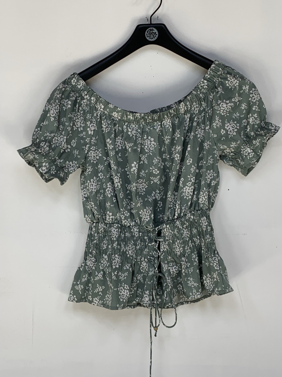 Speed Limit Green Floral Off-the-Shoulder Lace-Up Ruffle Blouse 100% Polyester L