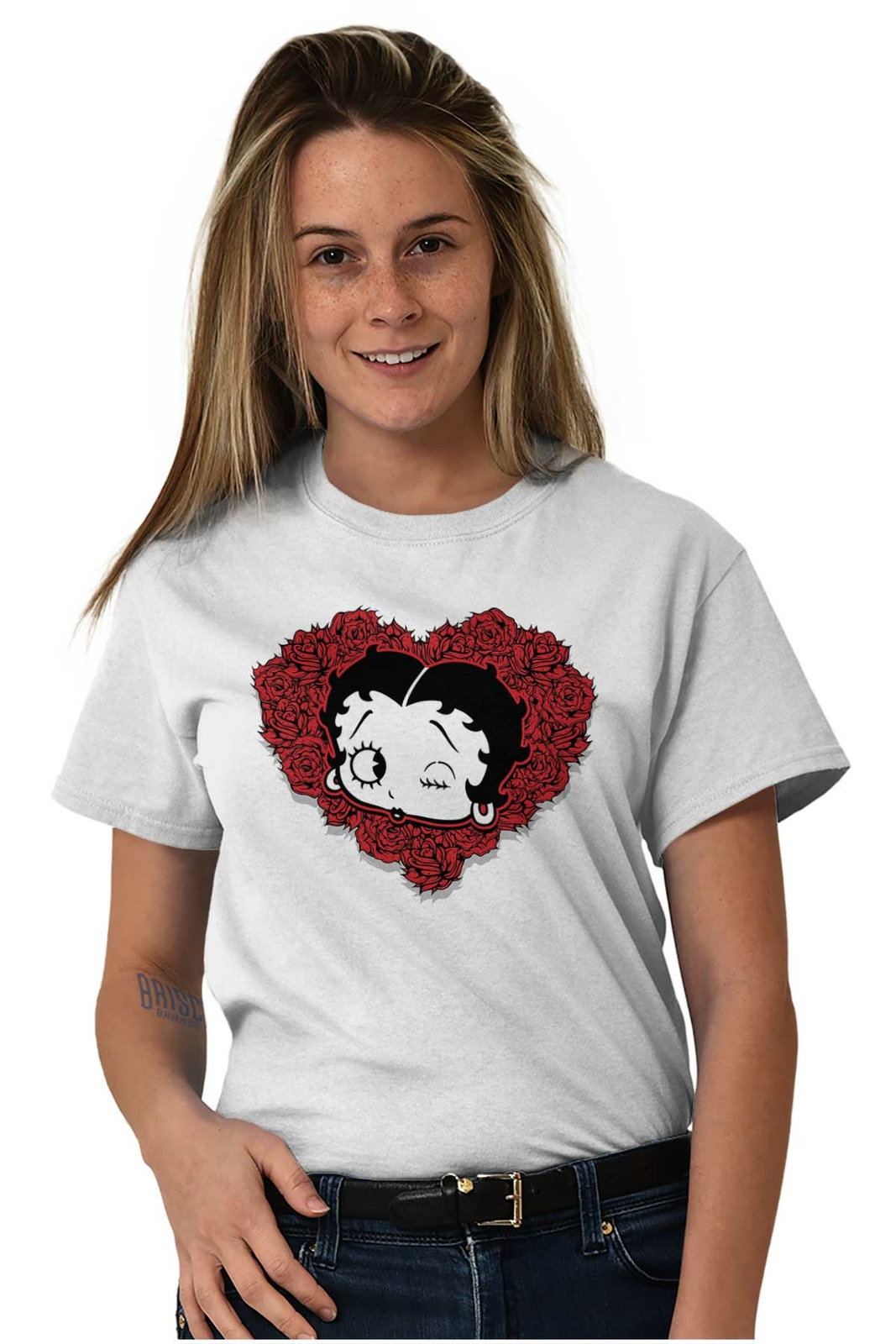 Betty Boop Cartoon Roses Heart Floral Love Womens Graphic Crewneck T Shirt Tee
