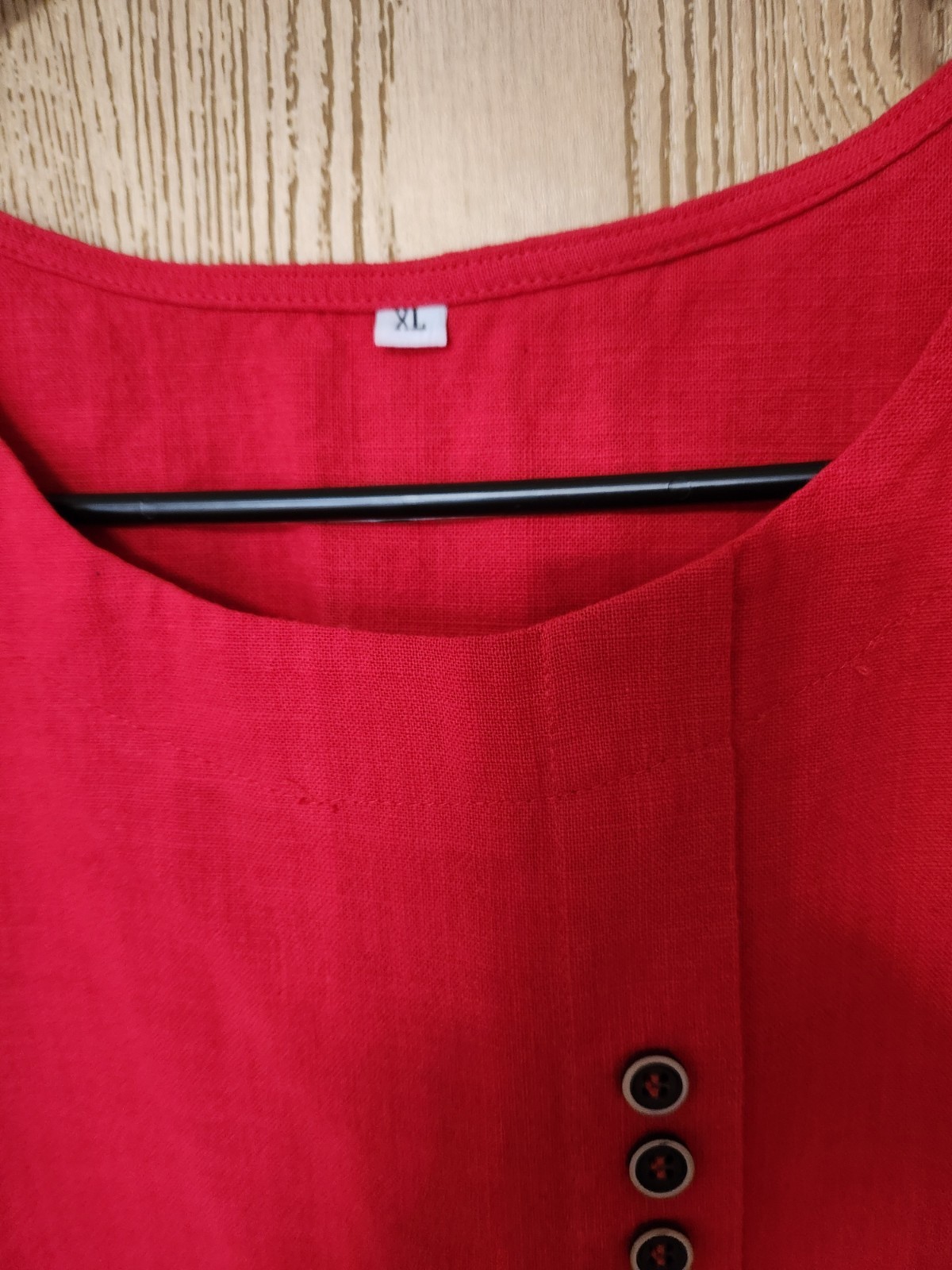 Red Solid Woven Round Neck Button Front Short Sleeve Blouse Women XL Regular