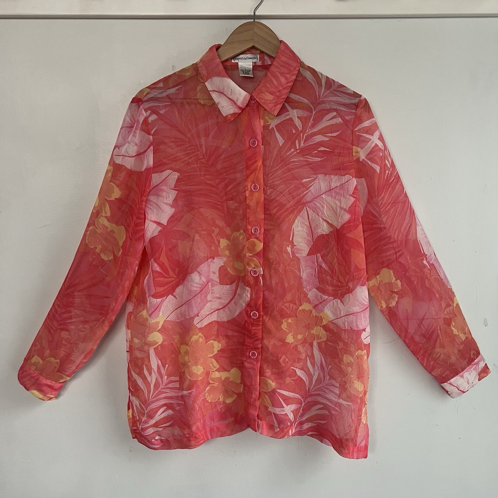 Draper’s & Damon’s Womens L Large Pink Floral Button Up Long Sleeve Sheer Blouse