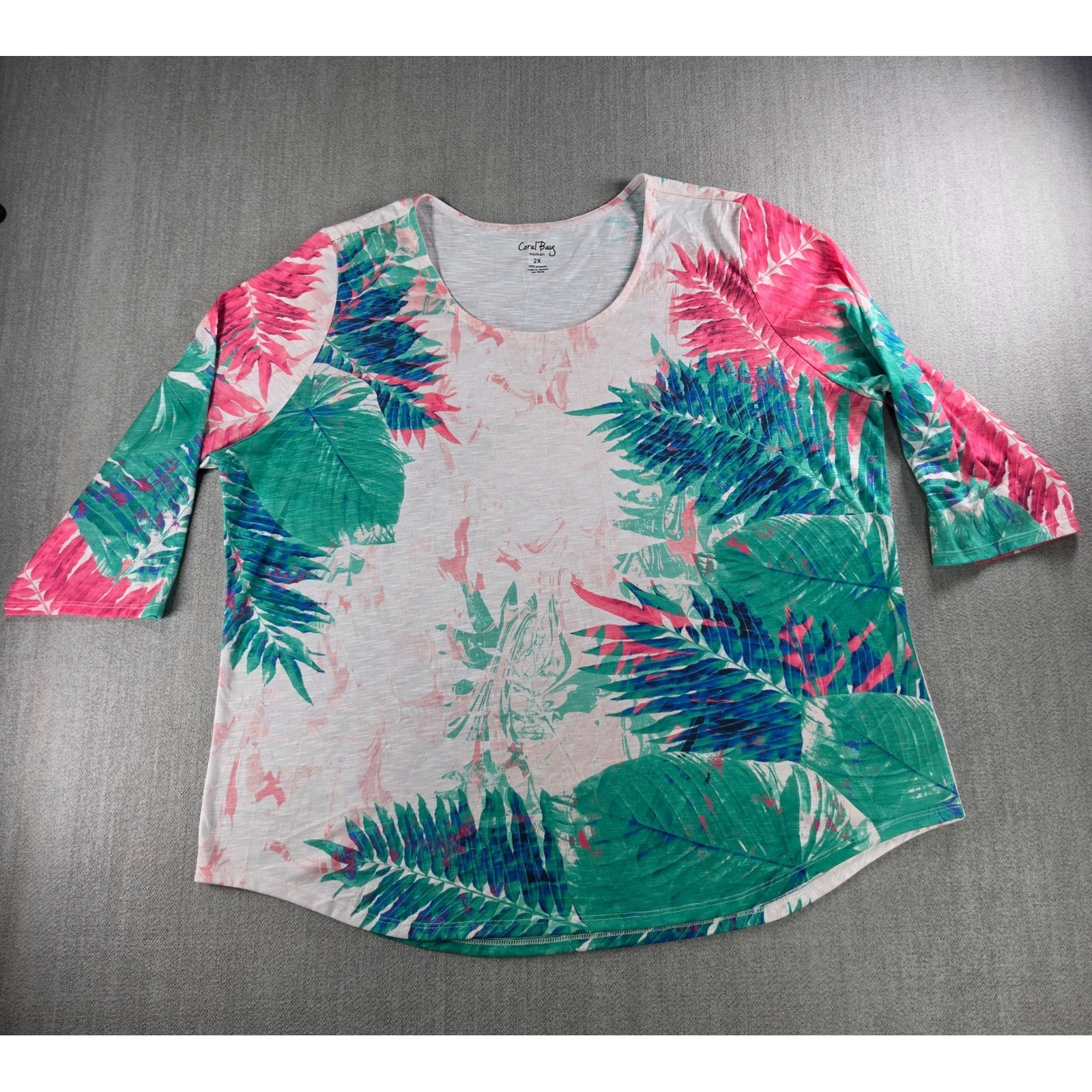 Coral Bay Tropical Palm Top Womens 2X White Pink Teal 3/4 Sleeve Slub Knit Shirt