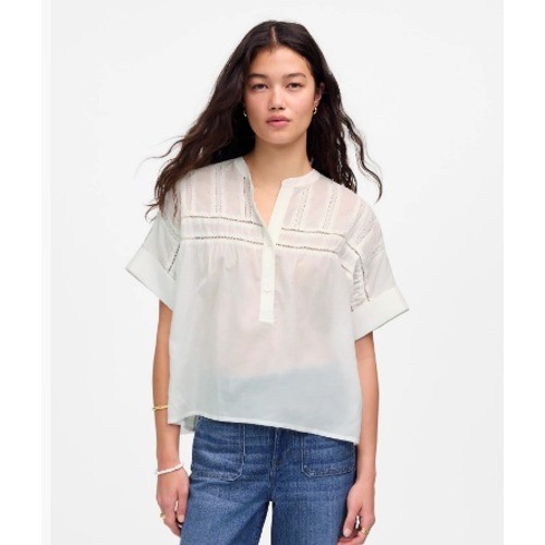 Madewell Top Womens Small White Lace Inset Pintucked Henley Short Sleeve NU442